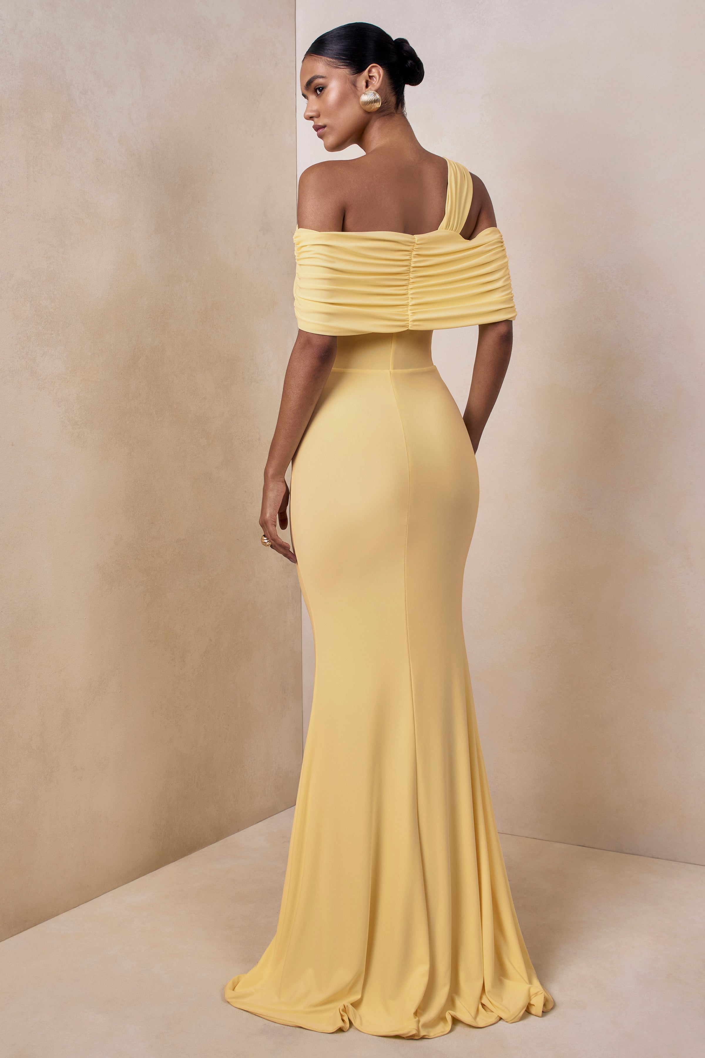 Nala | Lemon Asymmetric-Neck Maxi Dress With Gathered Detailing