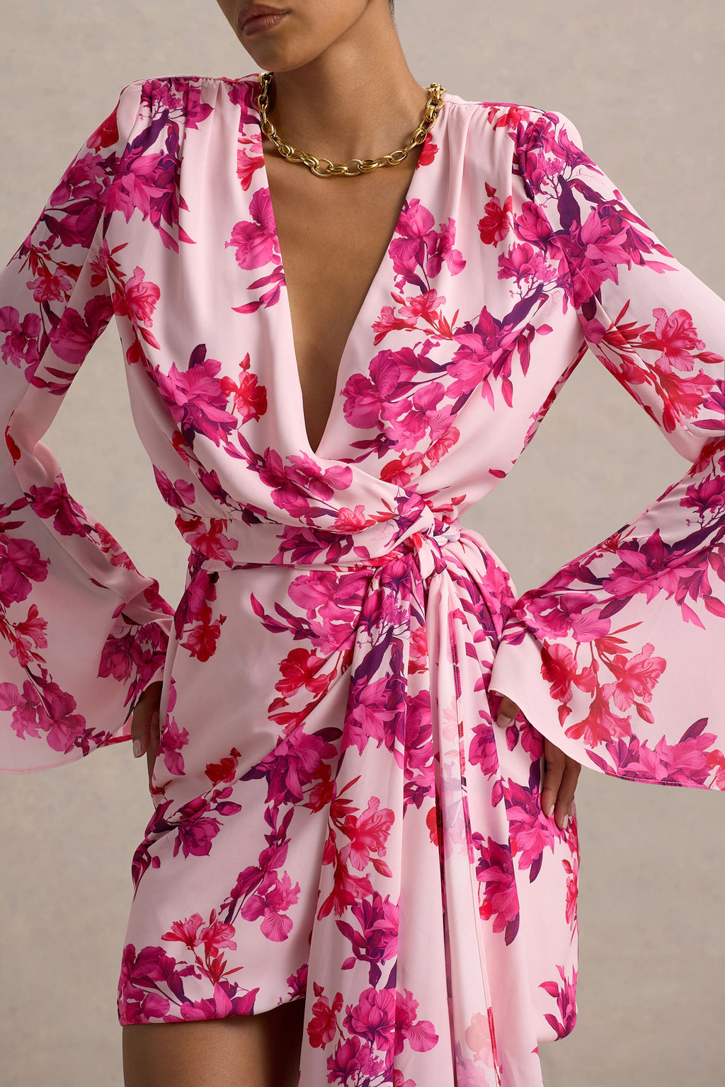 Goldie | Pink Floral Print Chiffon Long-Sleeve Wrap Mini Dress