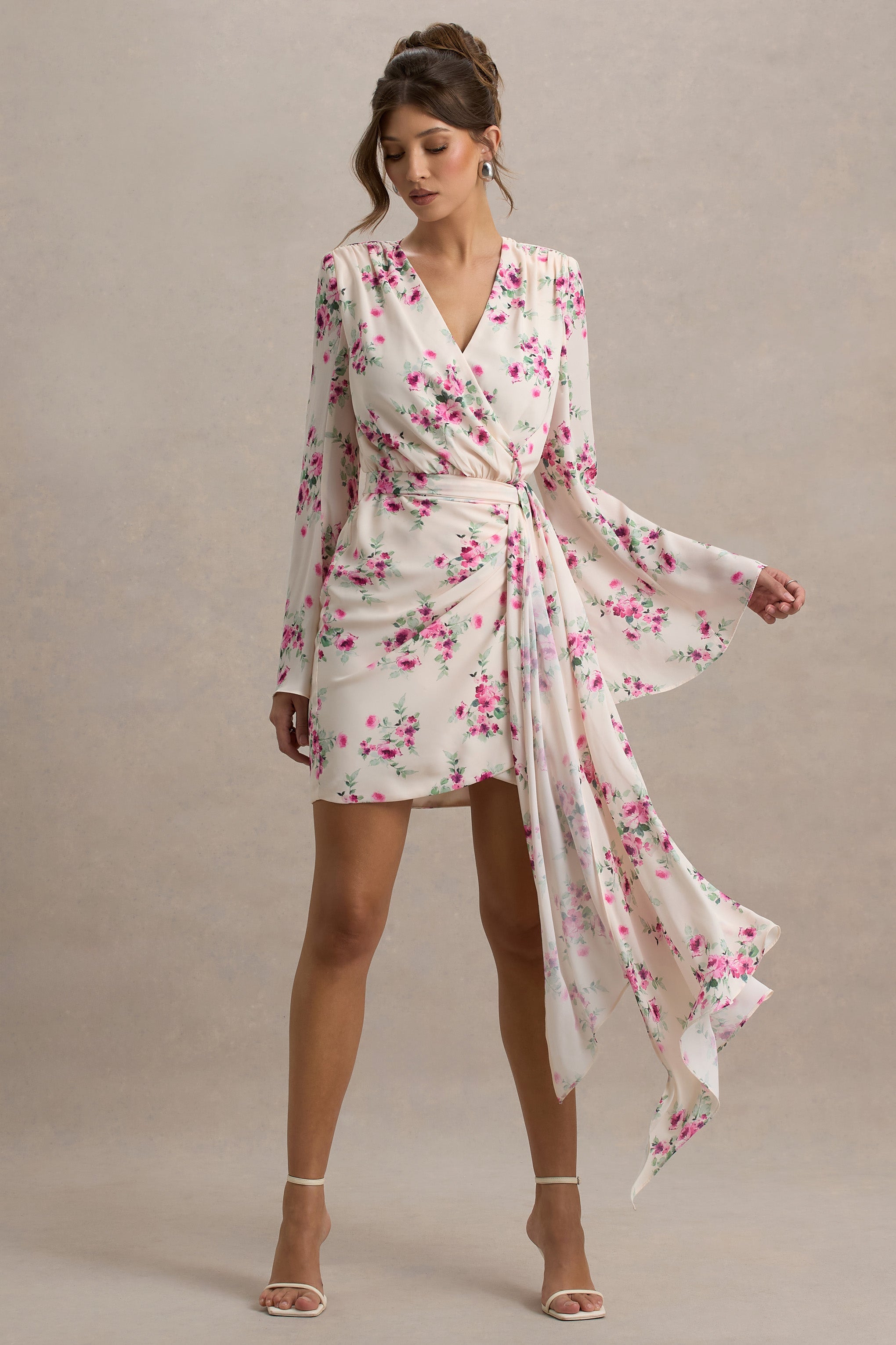 Goldie | Cream Floral Print Chiffon Long-Sleeve Wrap Mini Dress