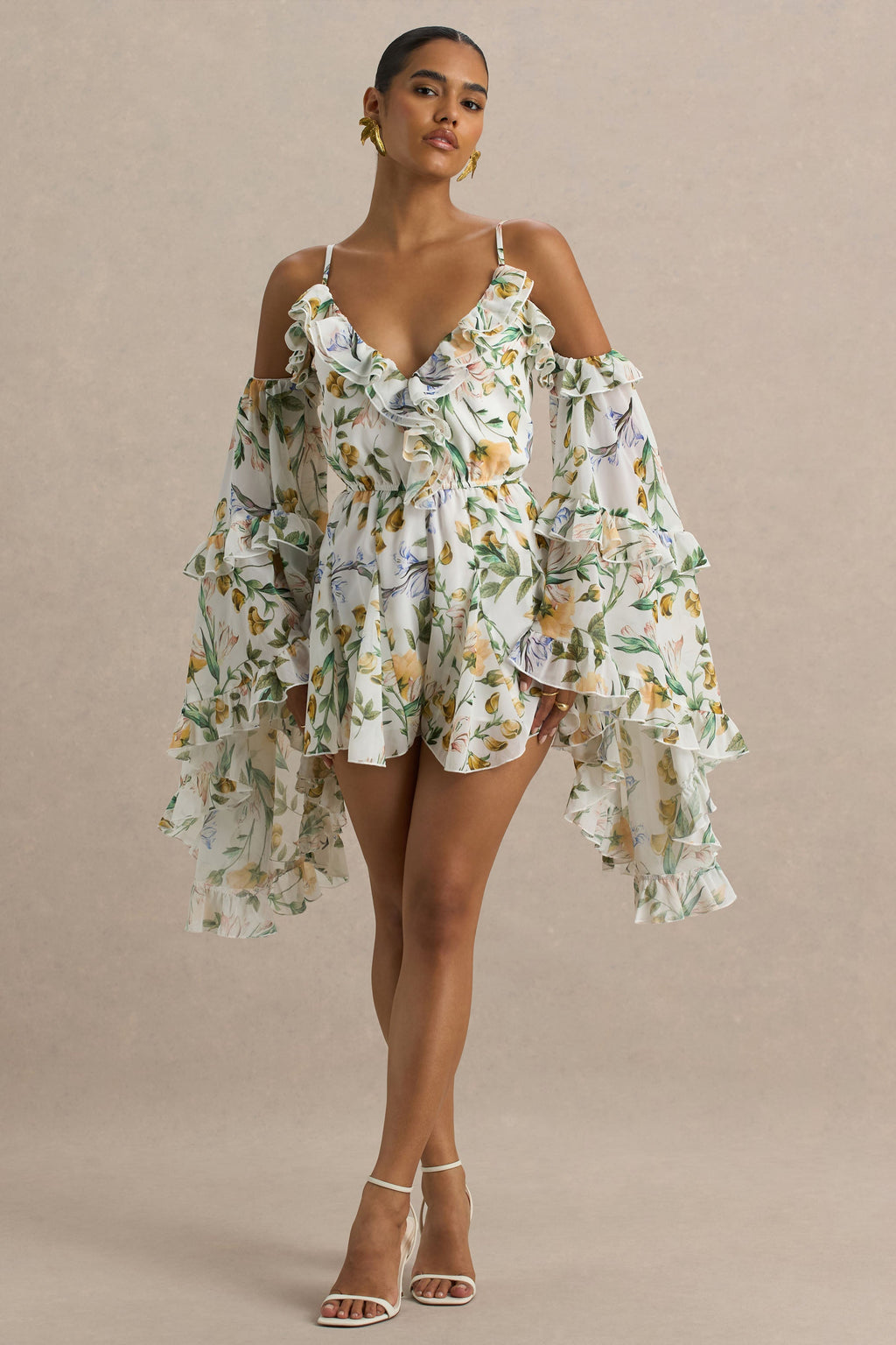Anaya | Lemon Floral Print Chiffon Playsuit With Long Sleeves