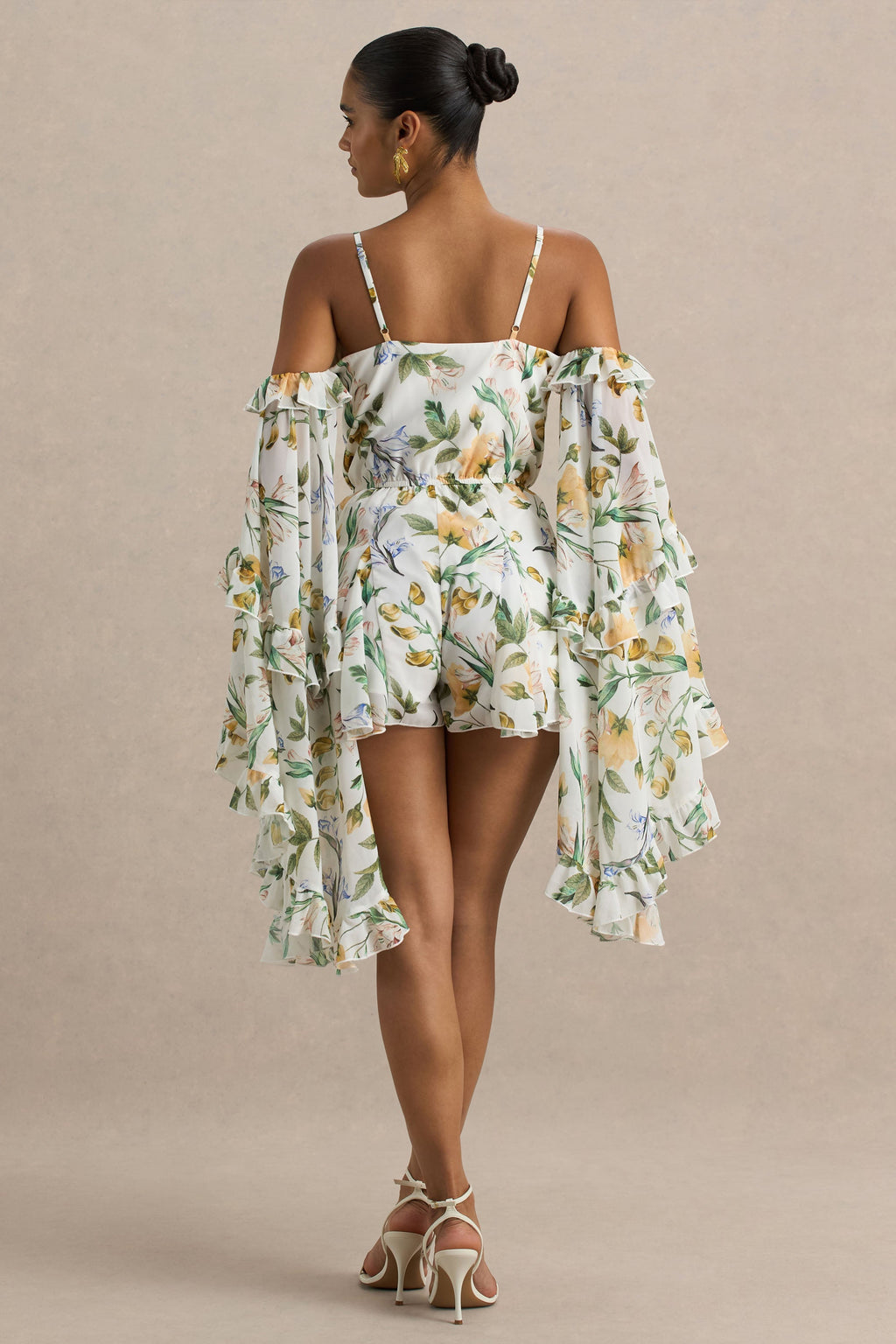 Anaya | Lemon Floral Print Chiffon Playsuit With Long Sleeves