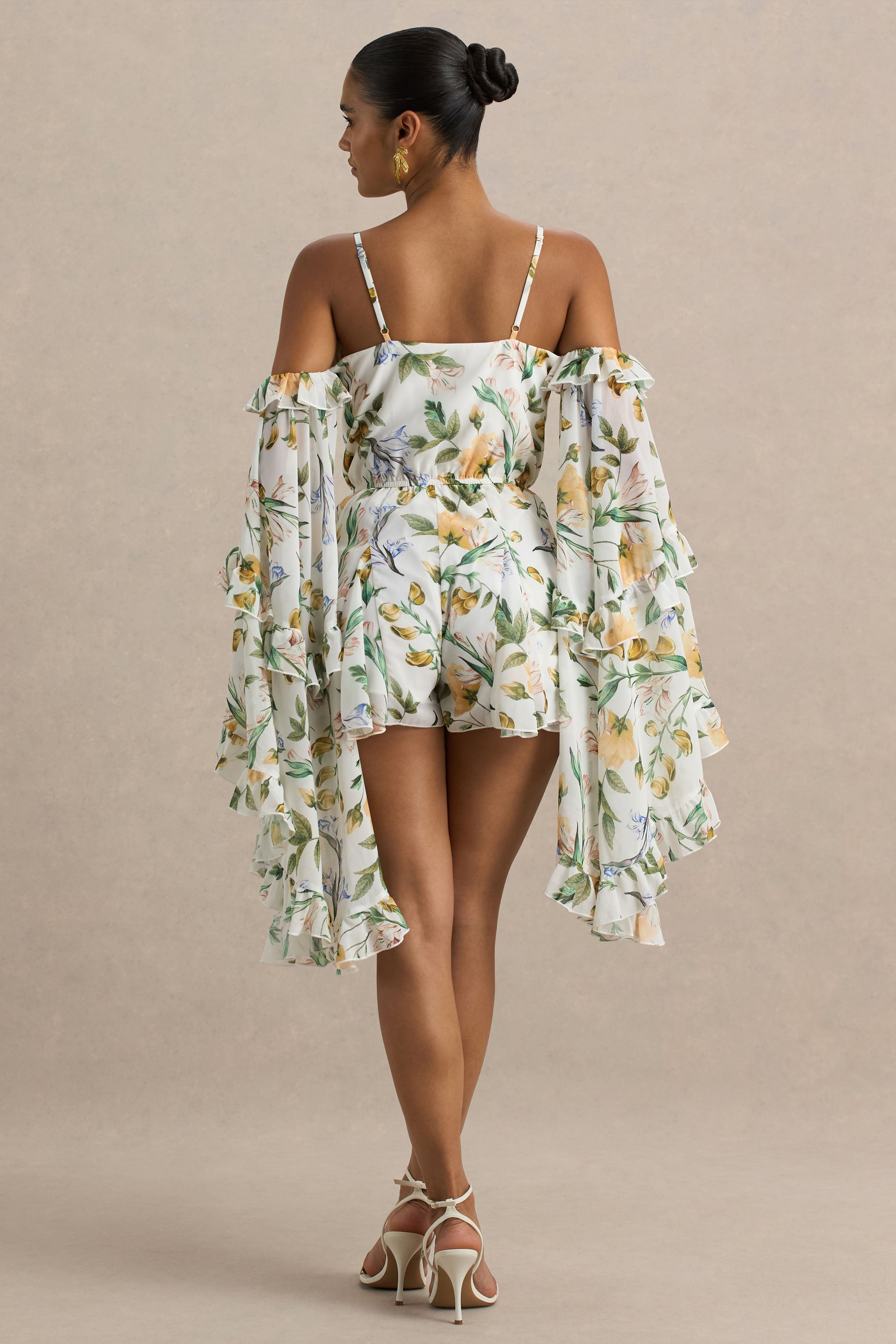 Anaya | Lemon Floral Print Chiffon Playsuit With Long Sleeves