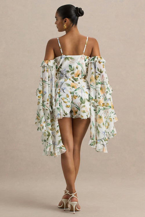 Anaya | Lemon Floral Print Chiffon Playsuit With Long Sleeves