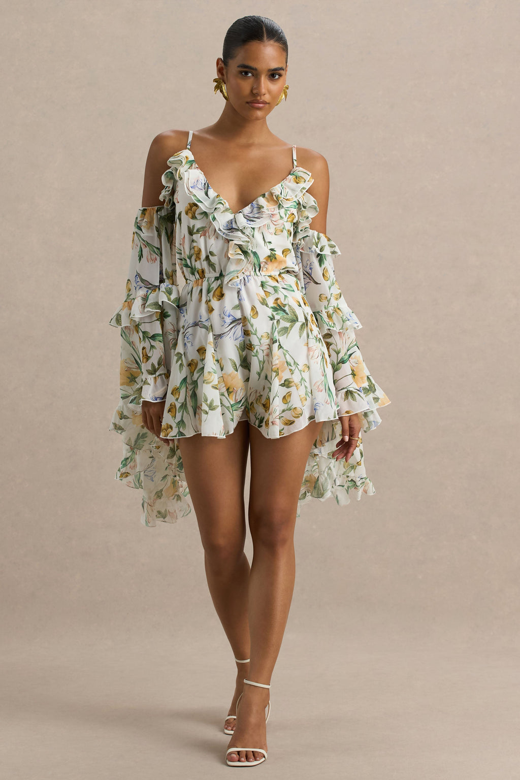 Anaya | Lemon Floral Print Chiffon Playsuit With Long Sleeves