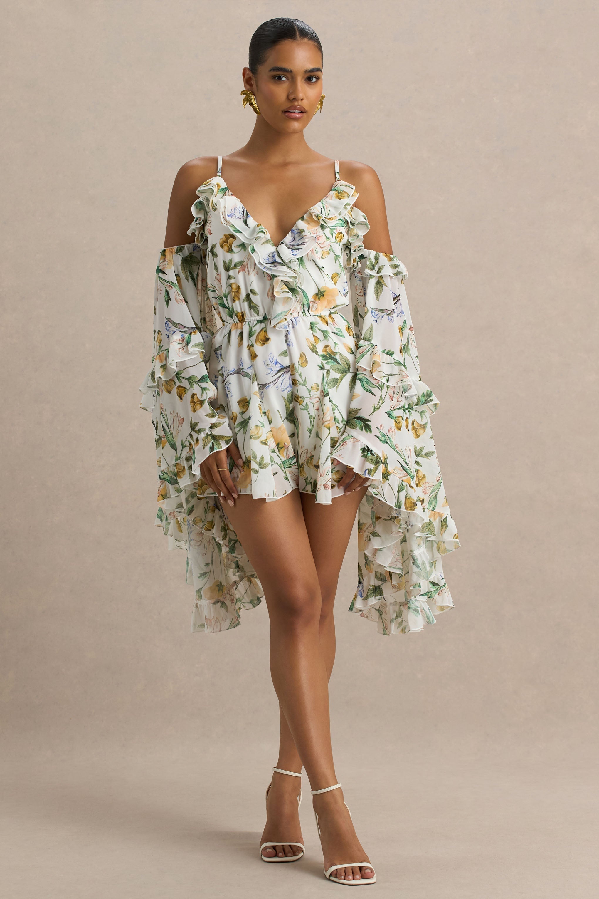 Anaya | Lemon Floral Print Chiffon Playsuit With Long Sleeves