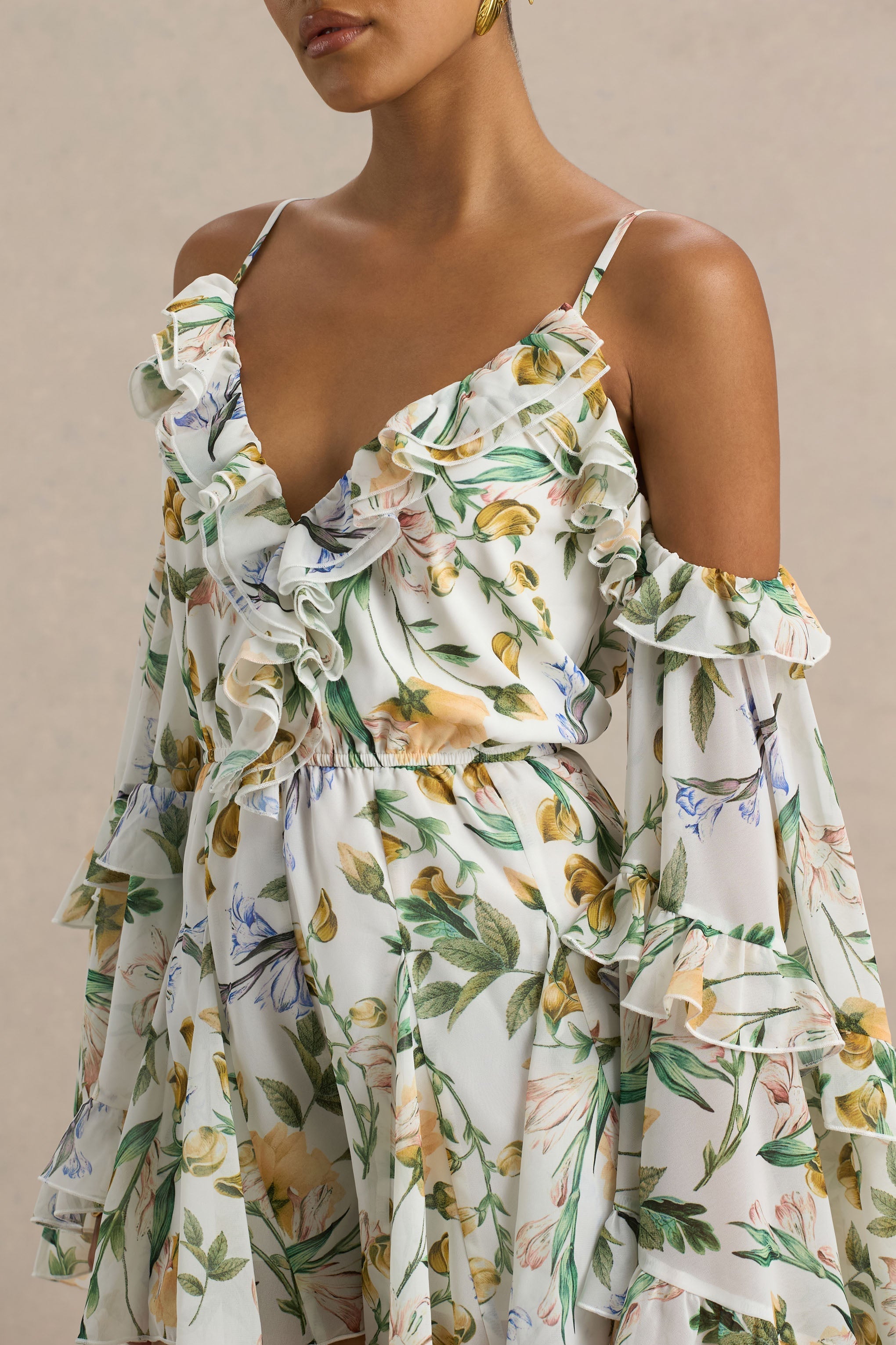 Anaya | Lemon Floral Print Chiffon Playsuit With Long Sleeves