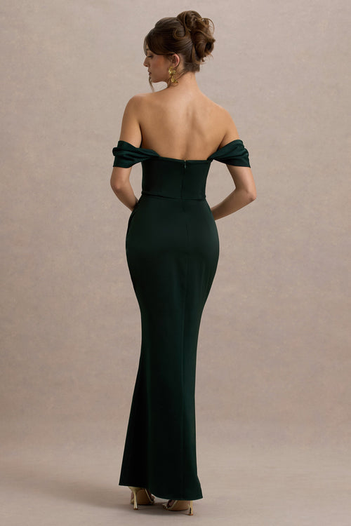 Annie | Bottle Green Satin Bardot Maxi Dress With Split Wrap Skirt