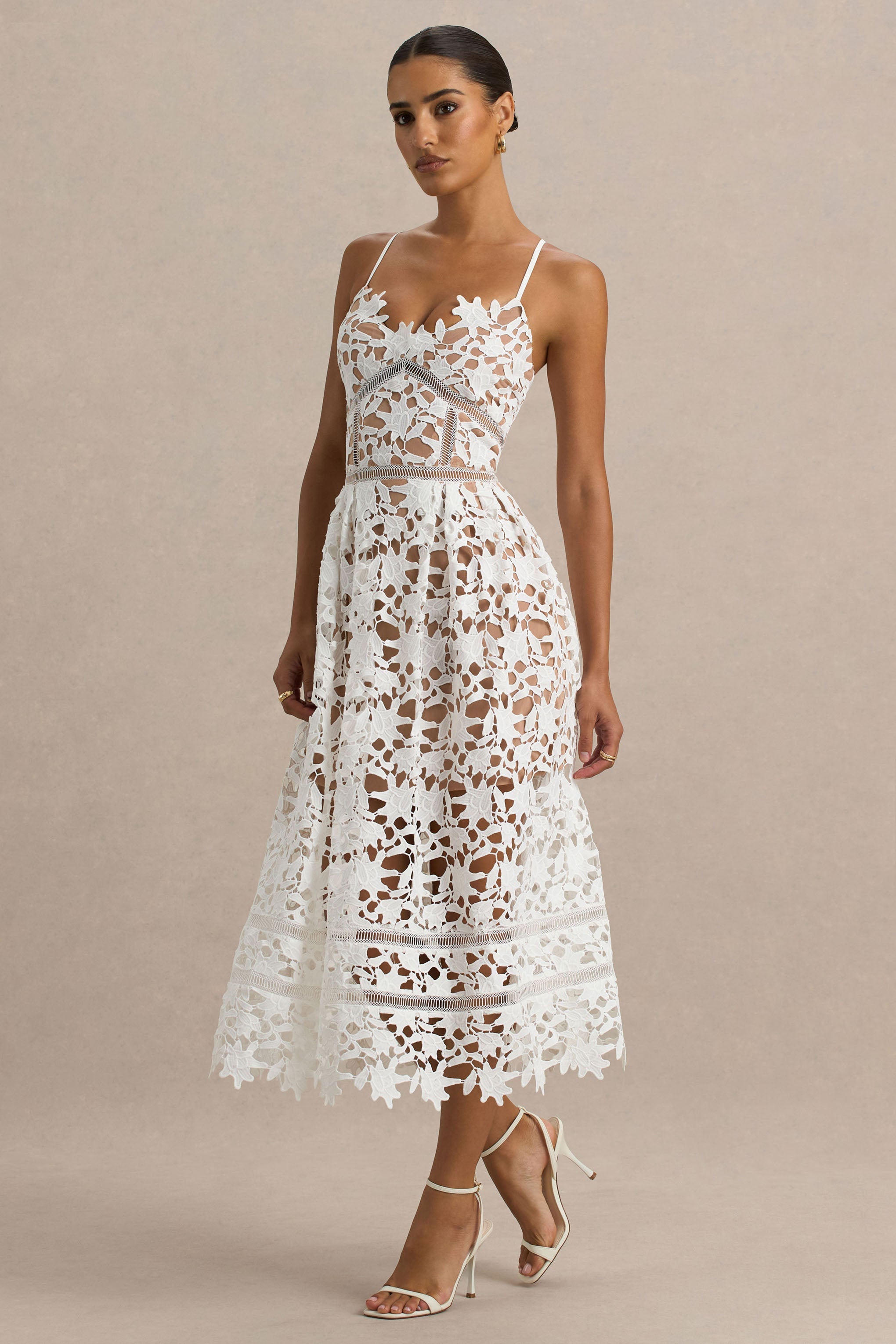 Zuri | White Lace Sweetheart Midi Dress With Cami Straps