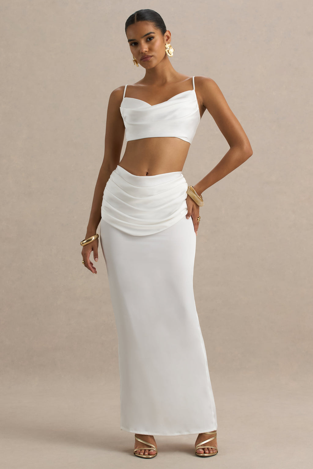 Una | White Ruched Cowl-Neck Crop Top