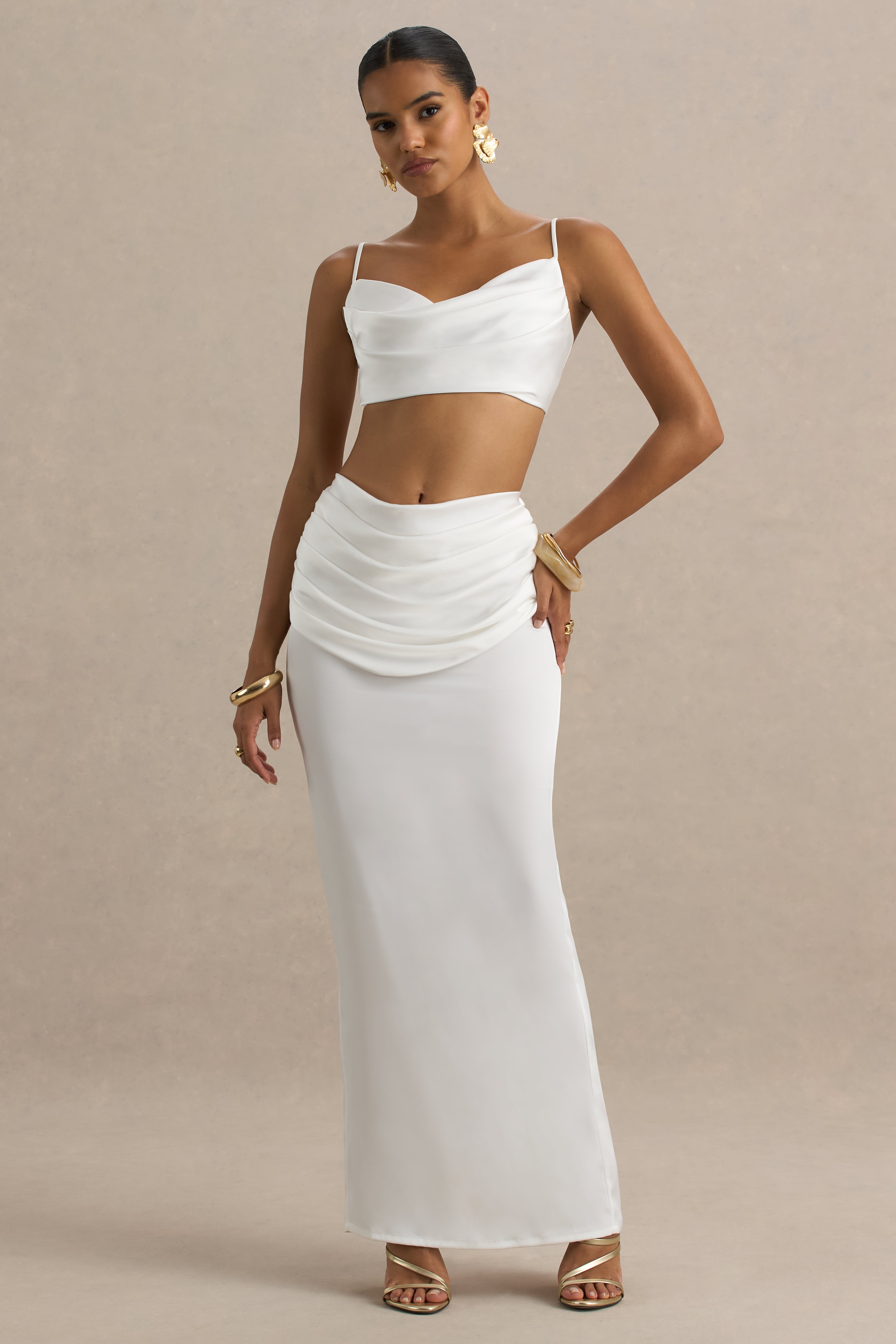 Una | White Ruched Cowl-Neck Crop Top