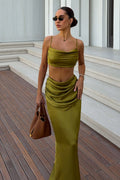 Una | Khaki Ruched Cowl-Neck Crop Top