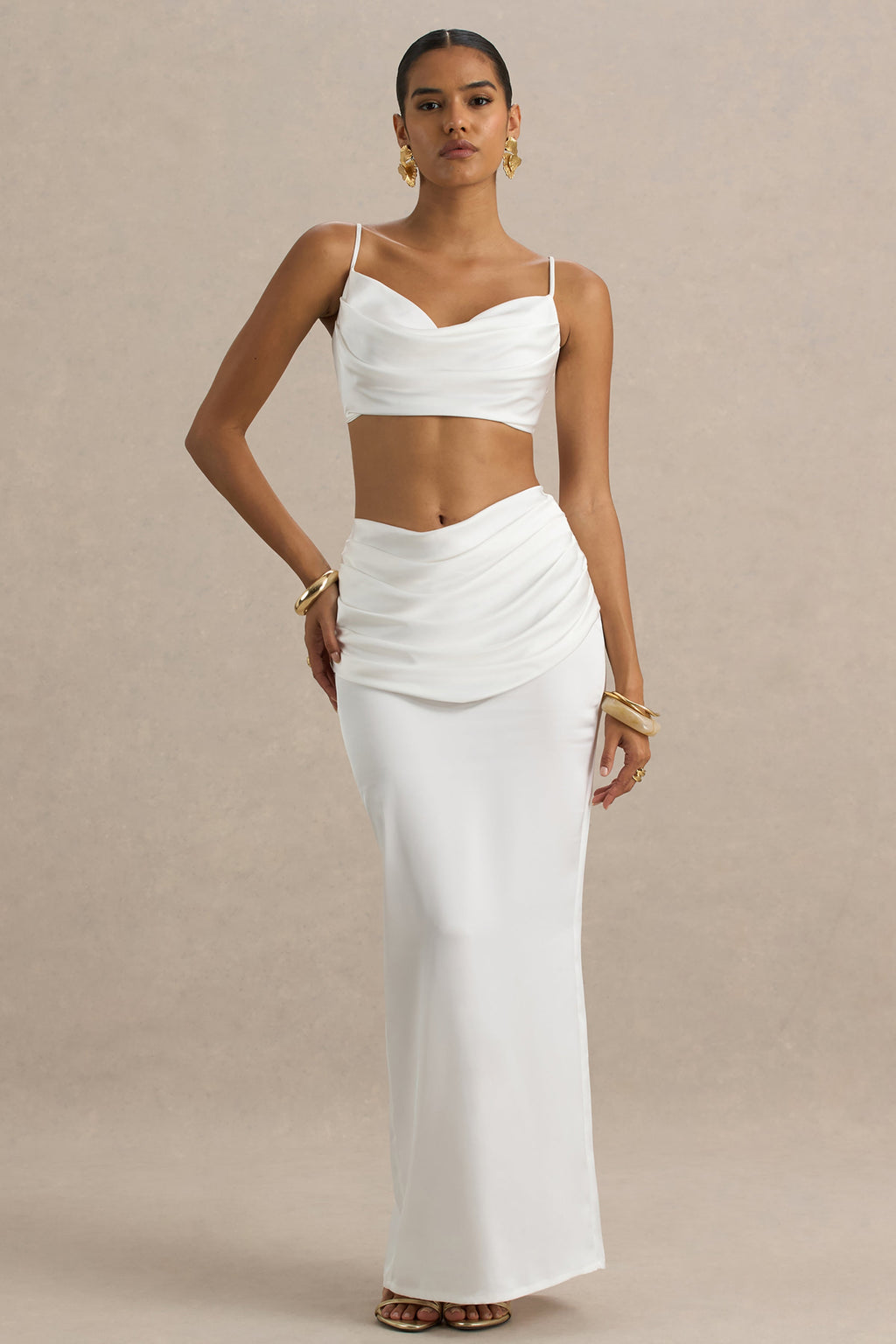 Rosita | White Ruched Maxi Skirt