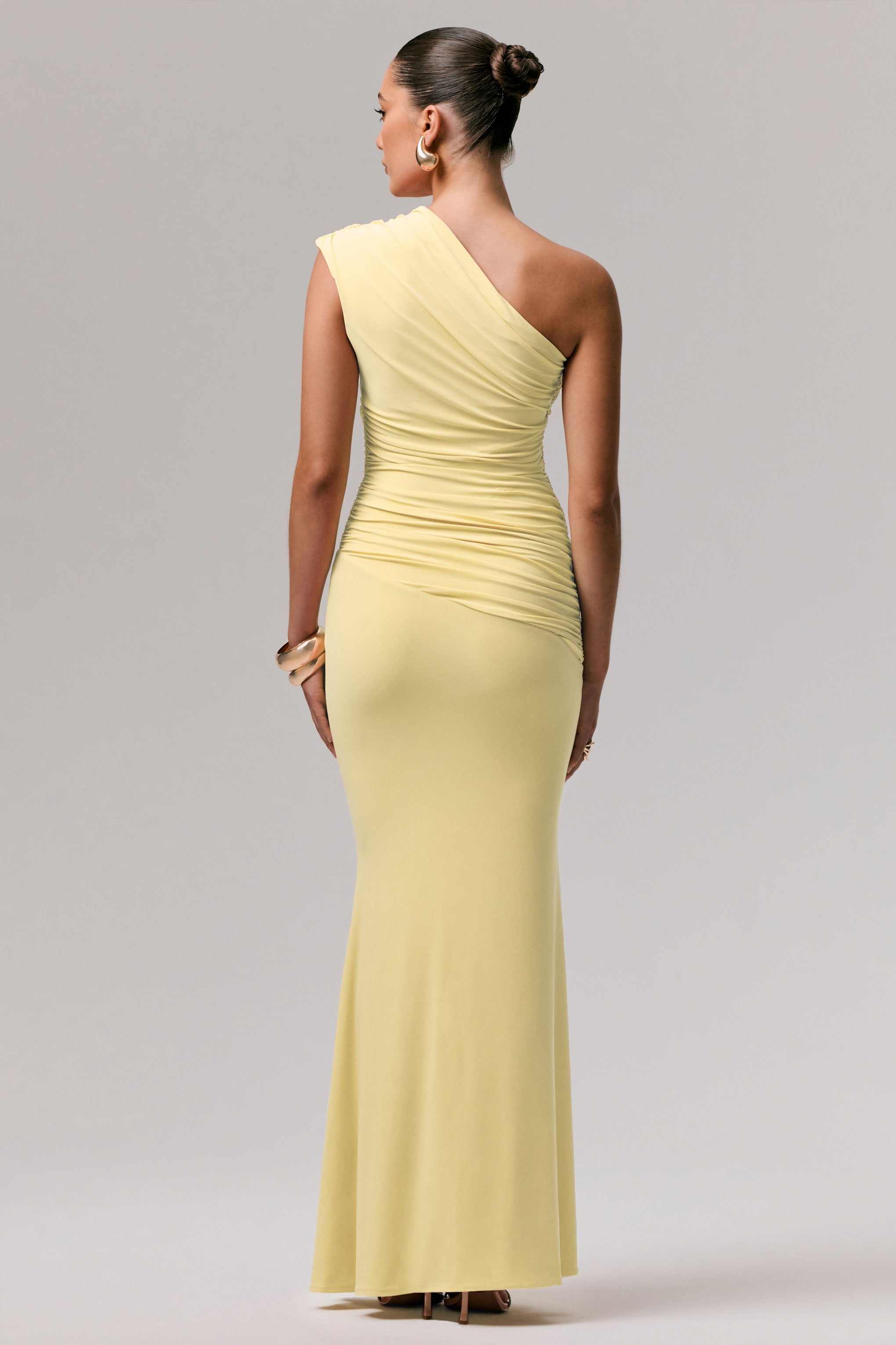 Mardi | Lemon Asymmetric Maxi Dress With Ruching