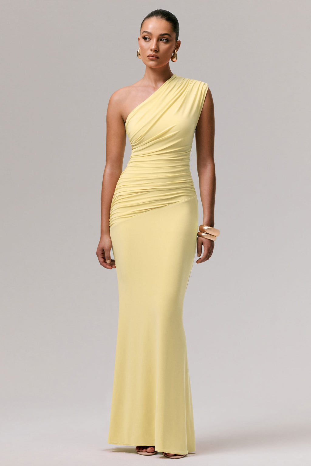 Mardi | Lemon Asymmetric Maxi Dress With Ruching