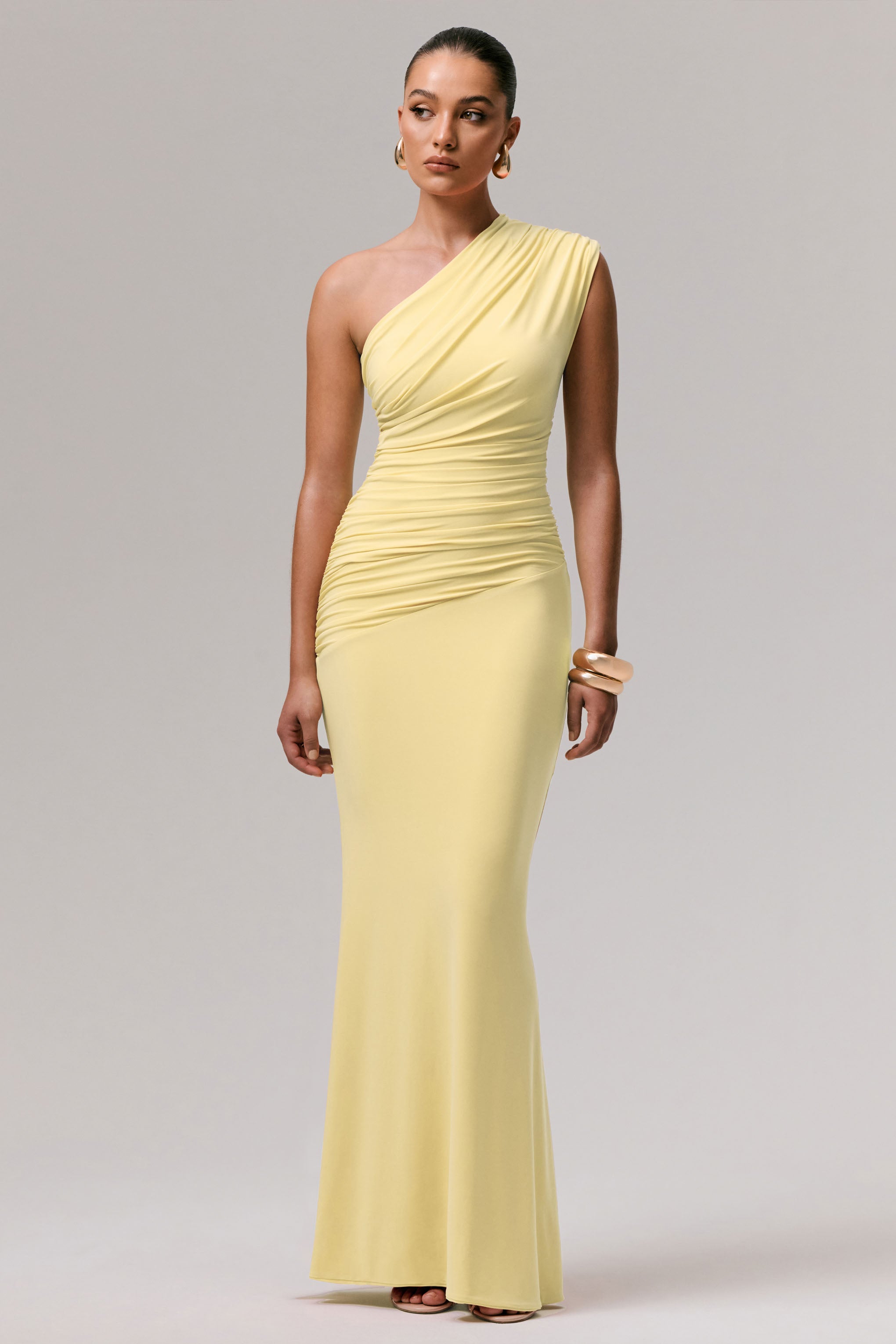 Mardi | Lemon Asymmetric Maxi Dress With Ruching