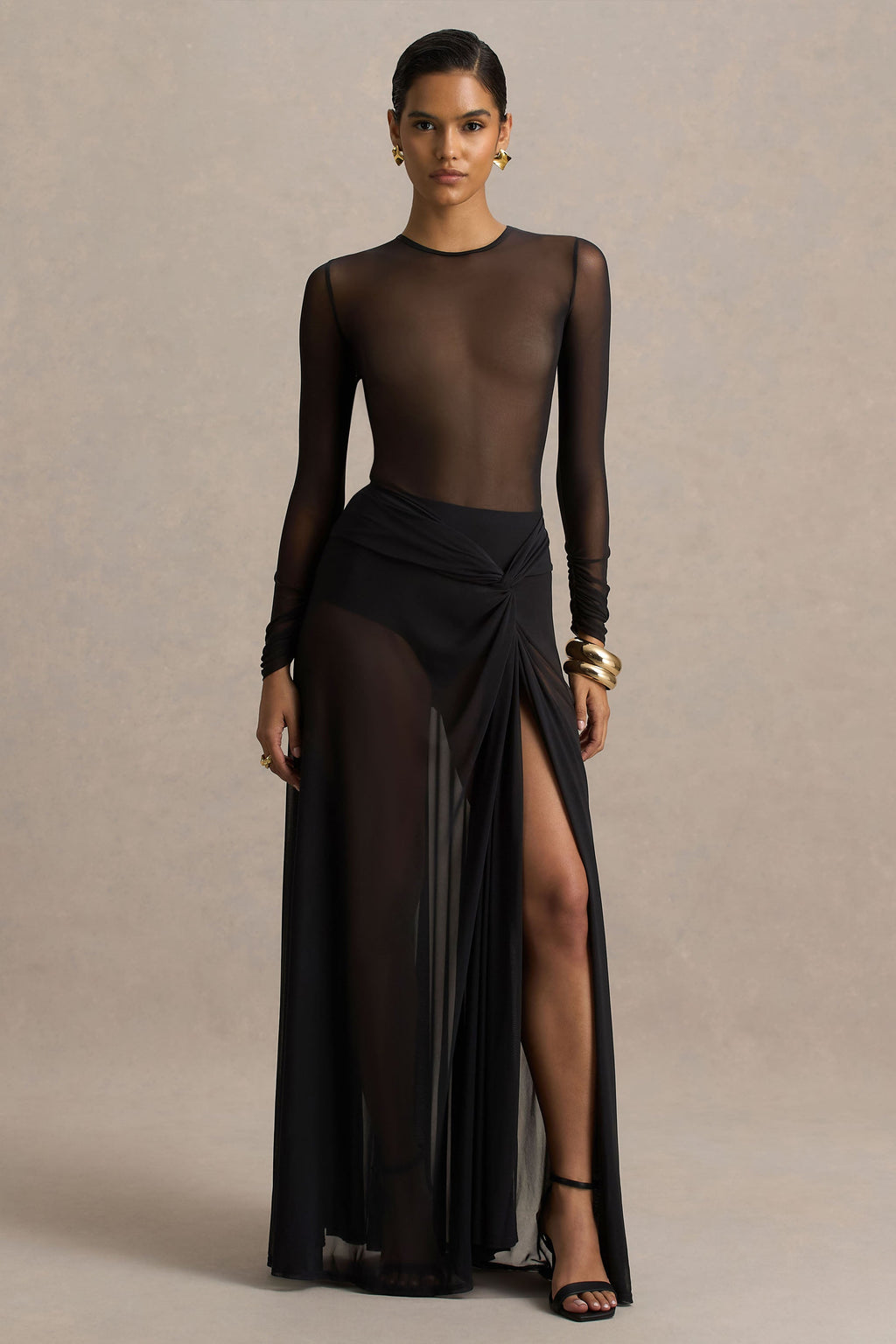 Koami | Black Mesh Long-Sleeve Ruched Maxi Dress With High Split