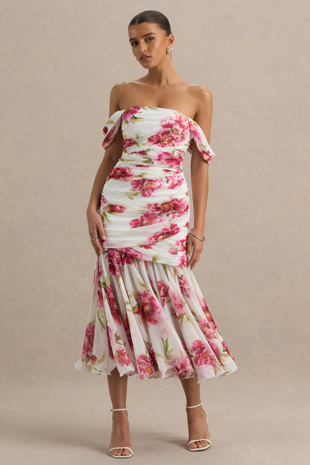 Madelyn | Cream Floral Print Short-Sleeve Bardot Wrap Maxi Dress With Ruching
