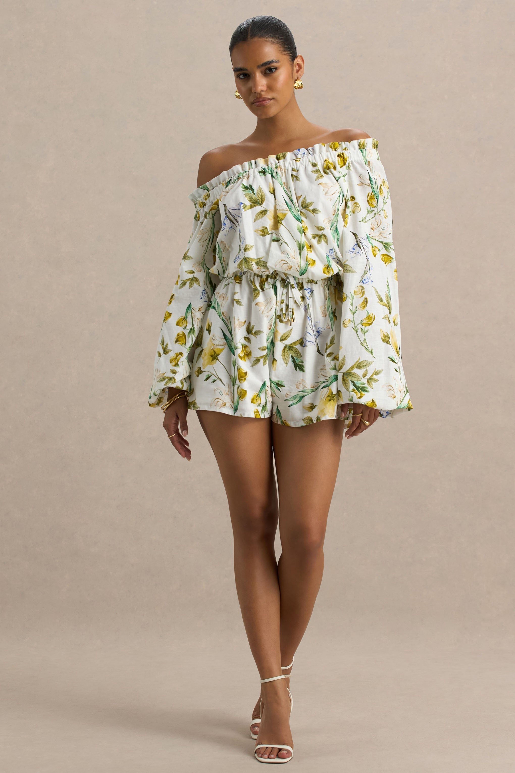 Waterfall | Lemon Floral Print Asymmetric Long-Sleeve Playsuit