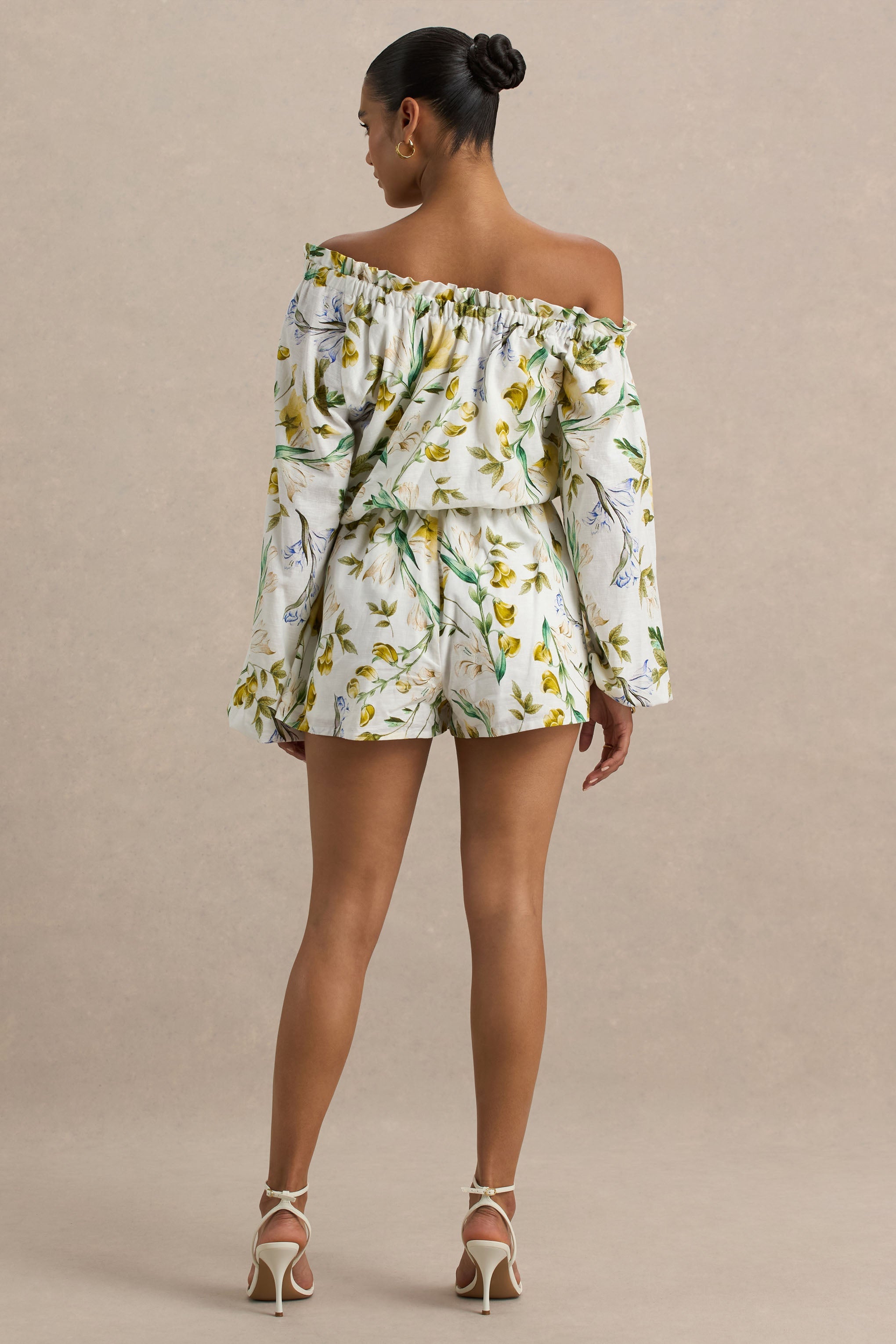Waterfall | Lemon Floral Print Asymmetric Long-Sleeve Playsuit