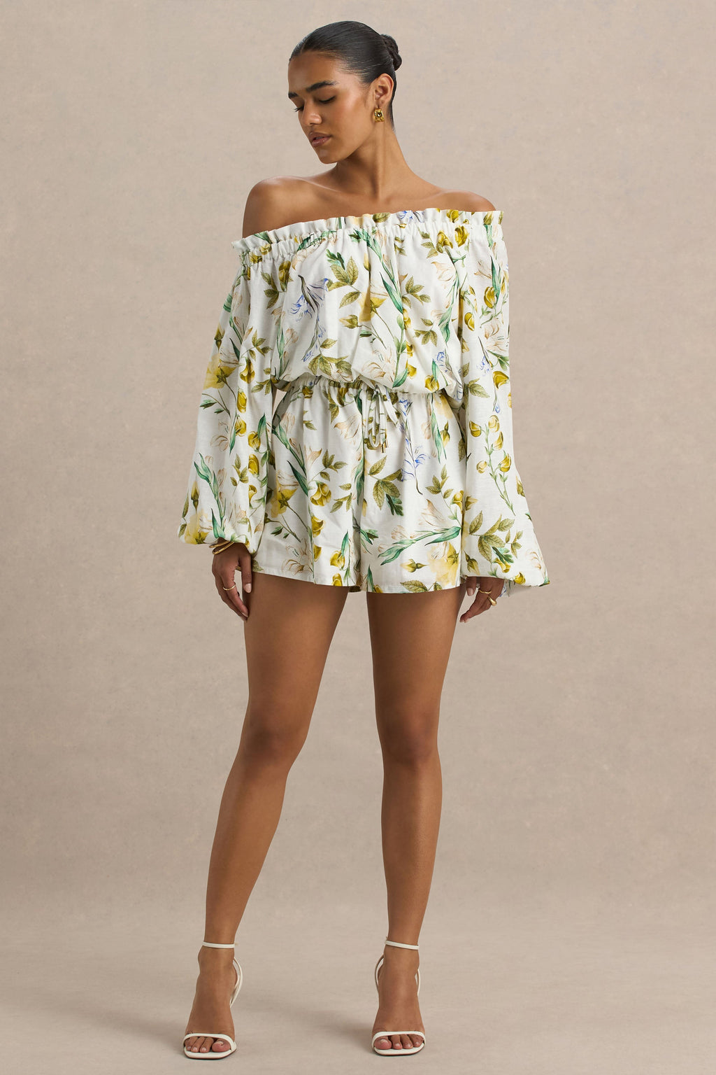 Waterfall | Lemon Floral Print Asymmetric Long-Sleeve Playsuit