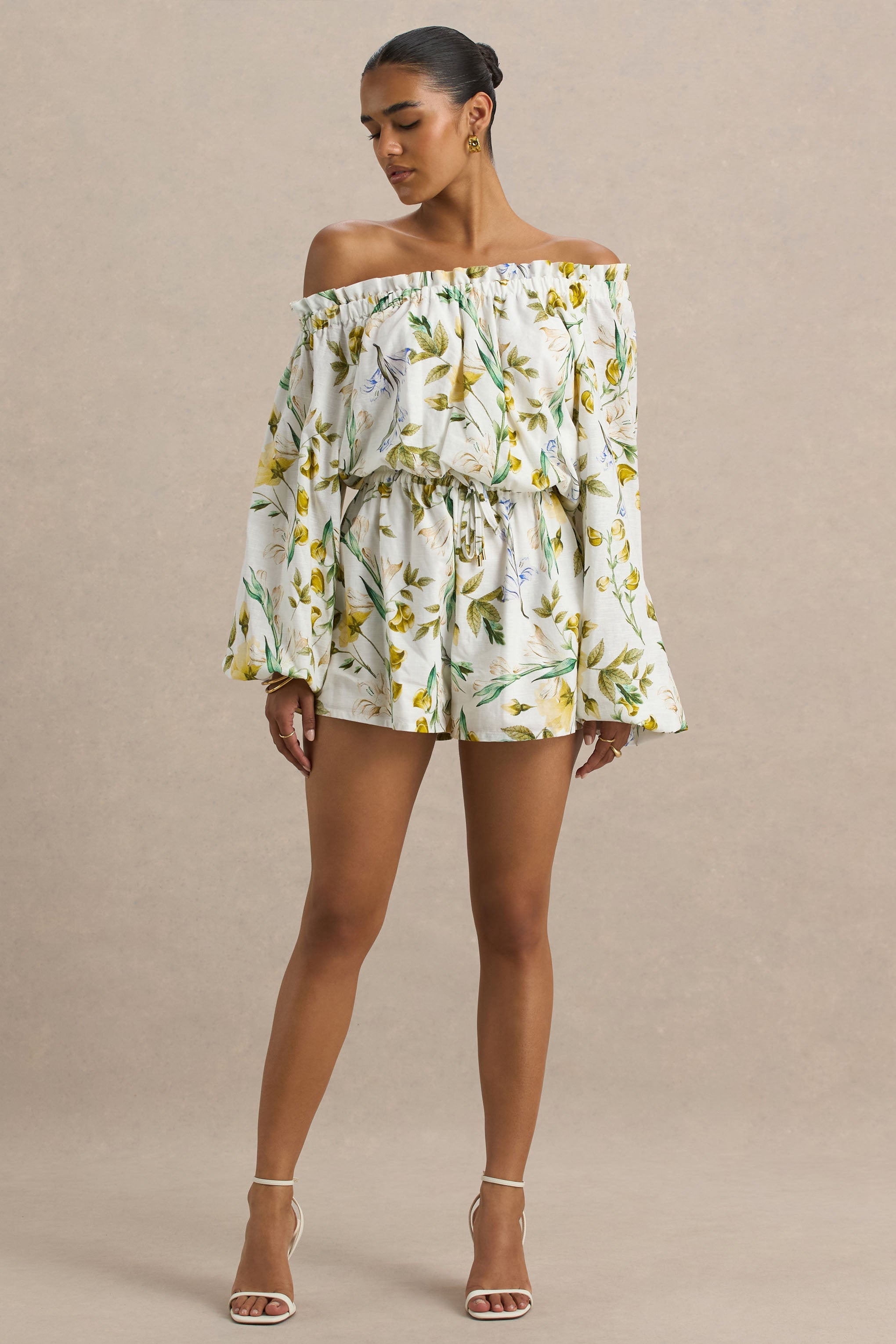 Waterfall | Lemon Floral Print Asymmetric Long-Sleeve Playsuit