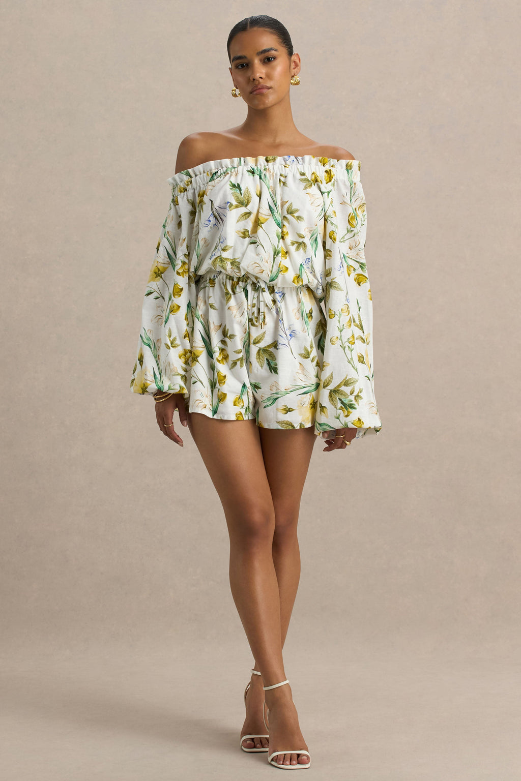 Waterfall | Lemon Floral Print Asymmetric Long-Sleeve Playsuit