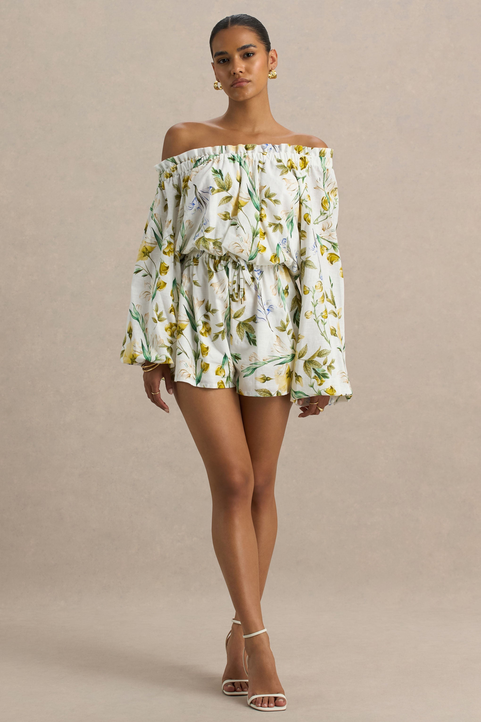 Waterfall | Lemon Floral Print Asymmetric Long-Sleeve Playsuit