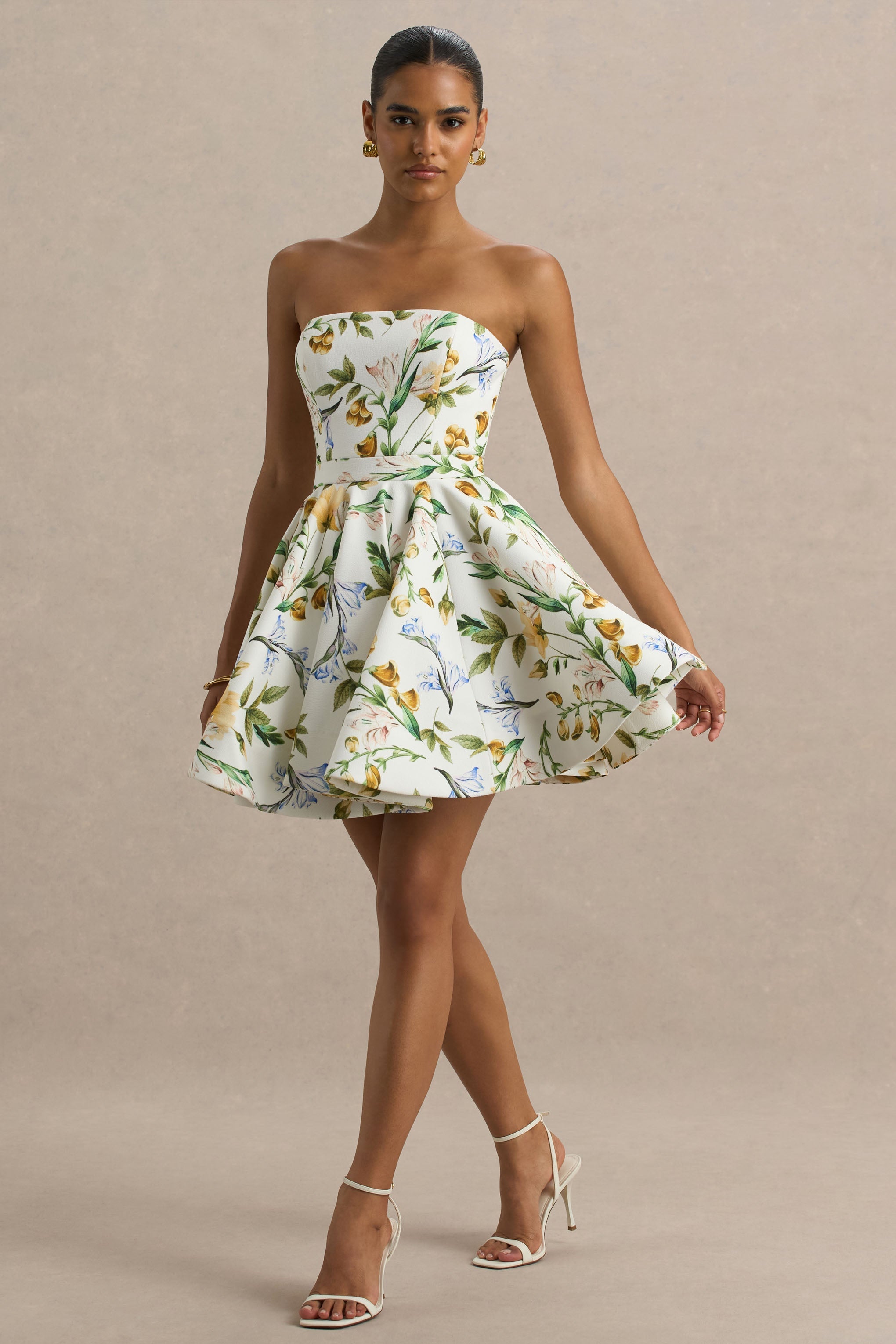 Valerian | Lemon Floral Print Bandeau Mini Dress With Ruffle Hem