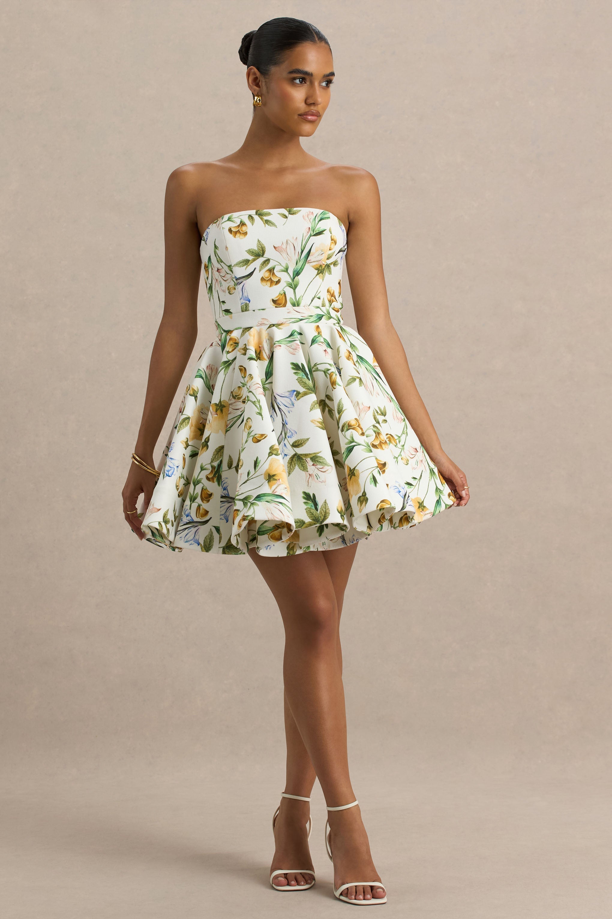 Valerian | Lemon Floral Print Bandeau Mini Dress With Ruffle Hem