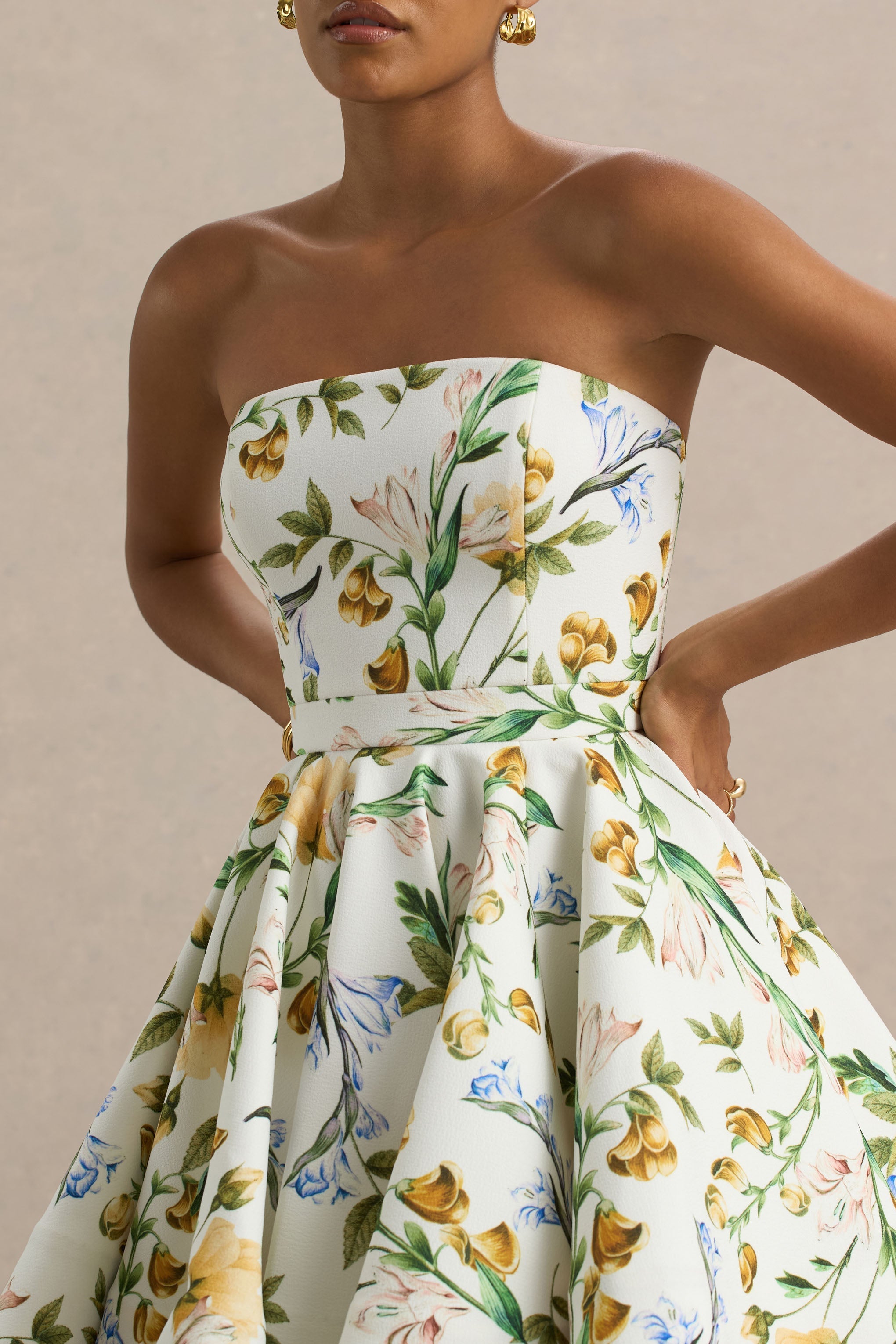 Valerian | Lemon Floral Print Bandeau Mini Dress With Ruffle Hem
