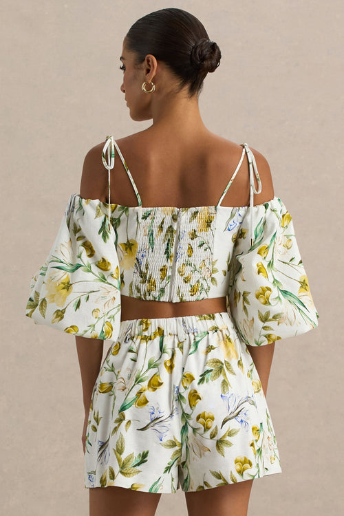 Amberly | Lemon Floral Print Plunge-Neck Ruffled Crop Top