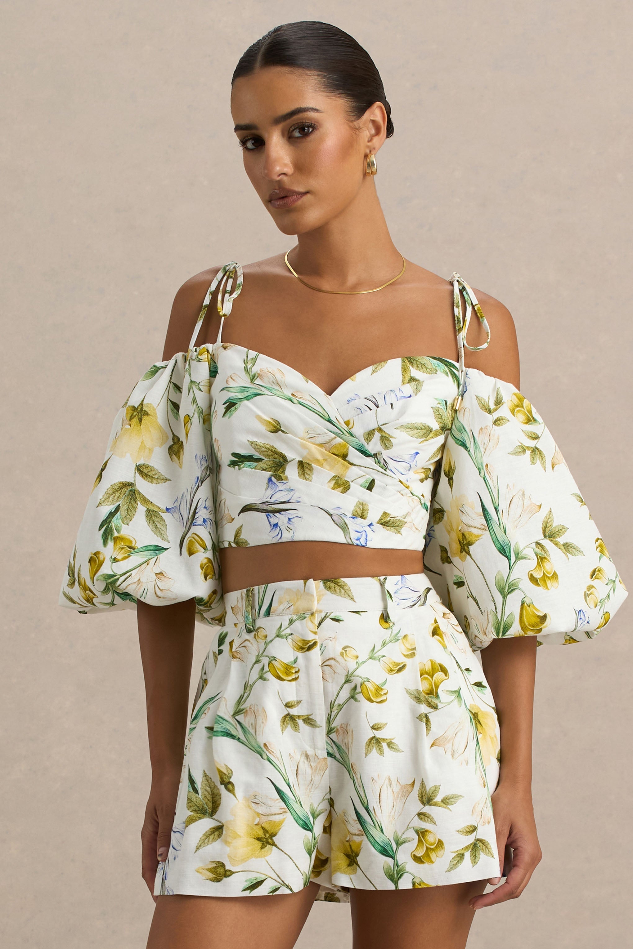 Amberly | Lemon Floral Print Plunge-Neck Ruffled Crop Top