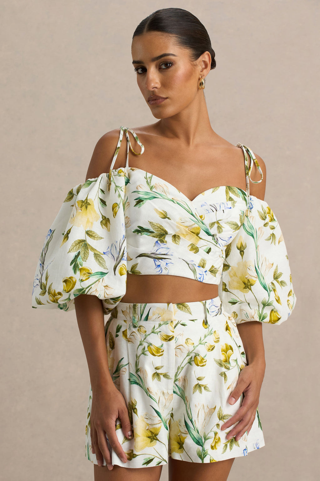 Amberly | Lemon Floral Print Plunge-Neck Ruffled Crop Top