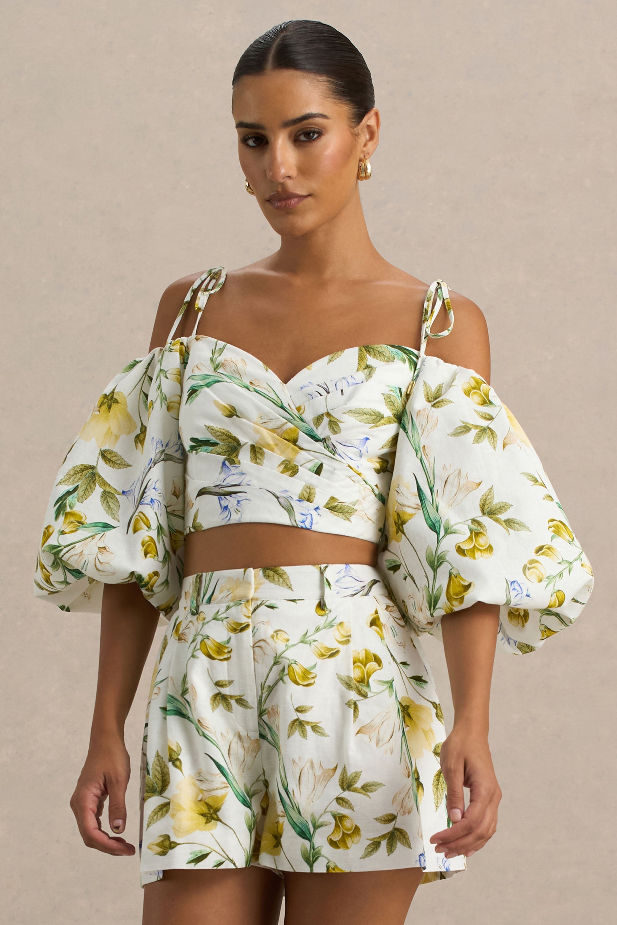 Amberly | Lemon Floral Print Plunge-Neck Ruffled Crop Top
