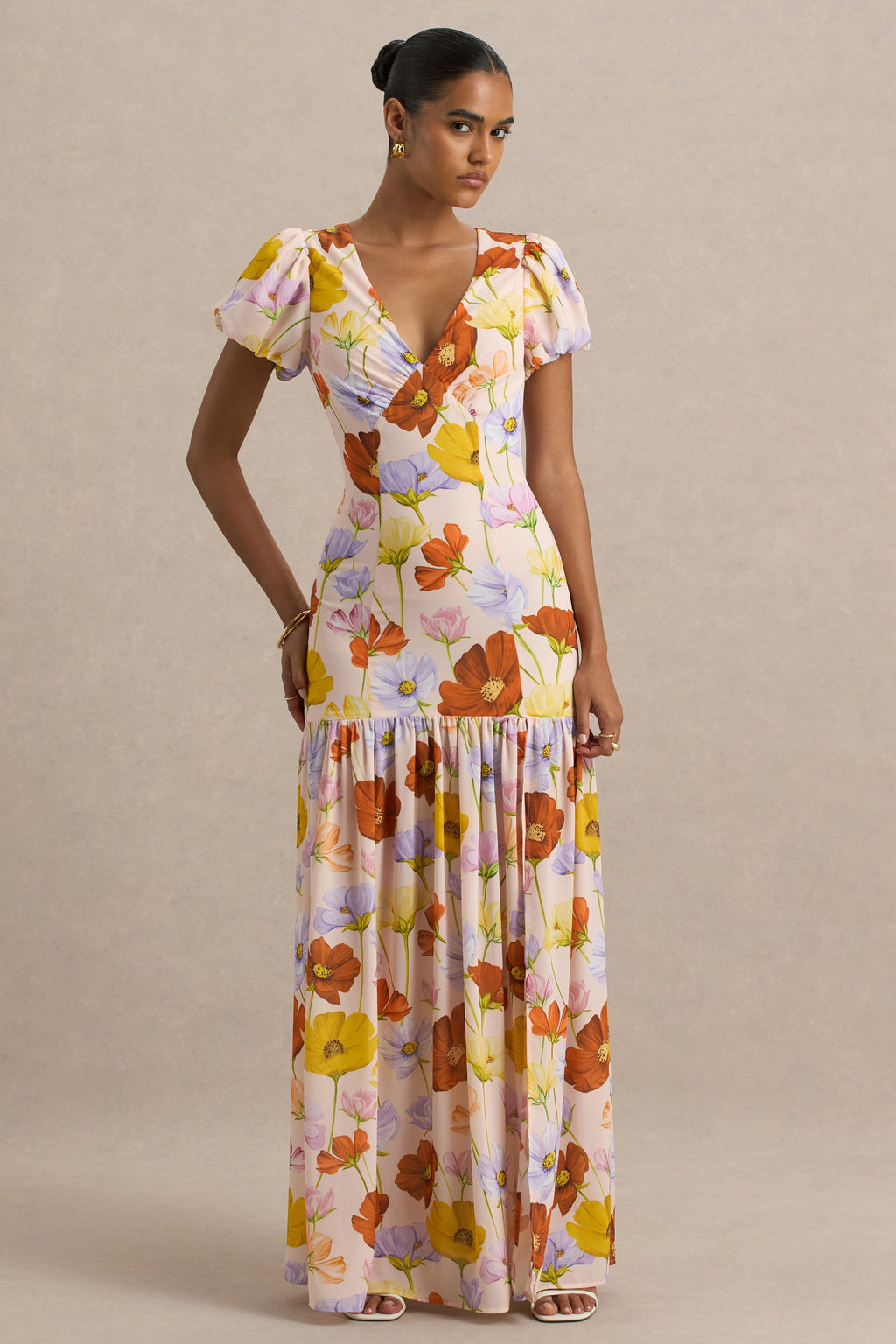 Ginny | Bright Floral Print Puff-Sleeve Split Maxi Dress