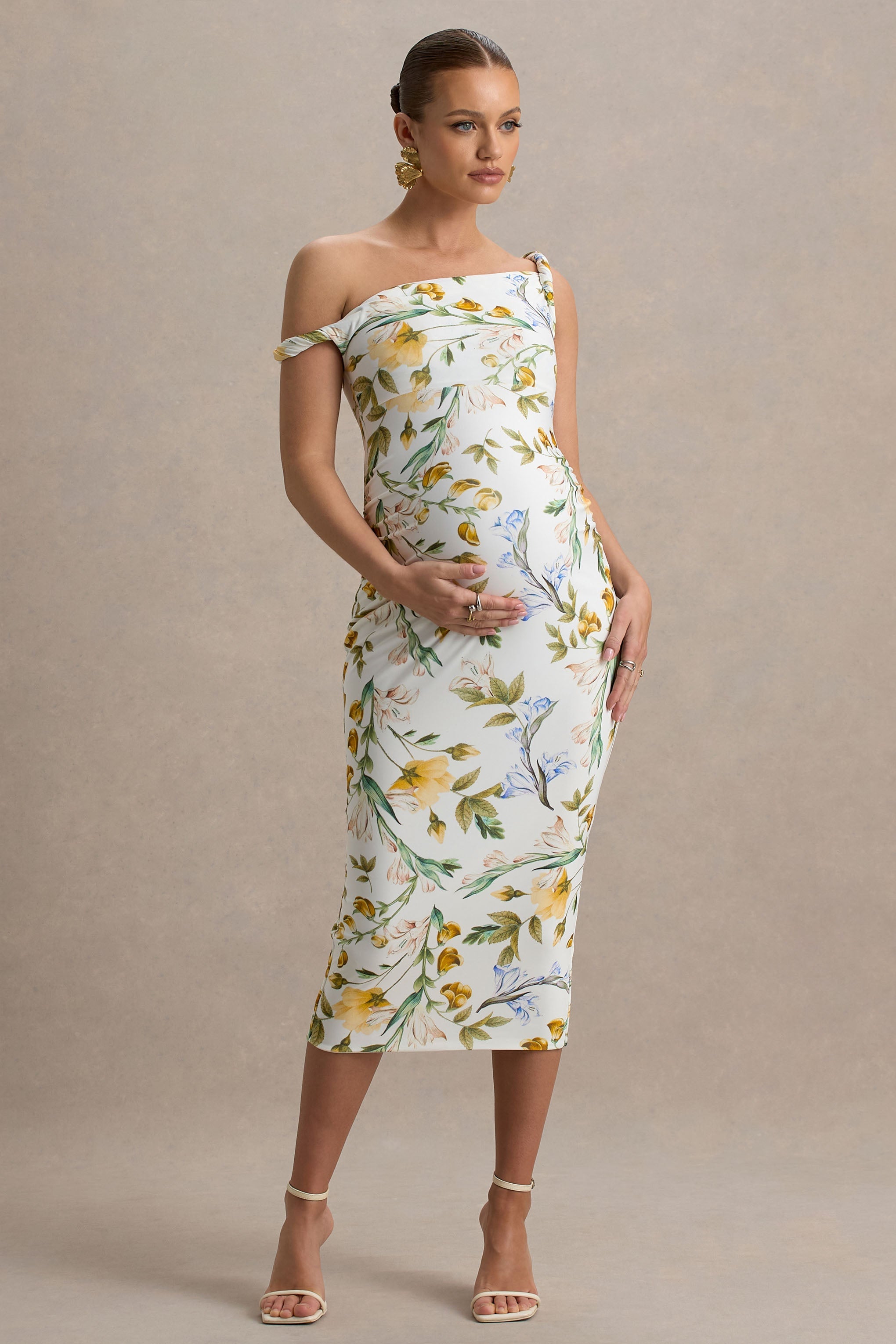 Salome | Lemon Floral Print Twisted Asymmetric Maternity Midi Dress