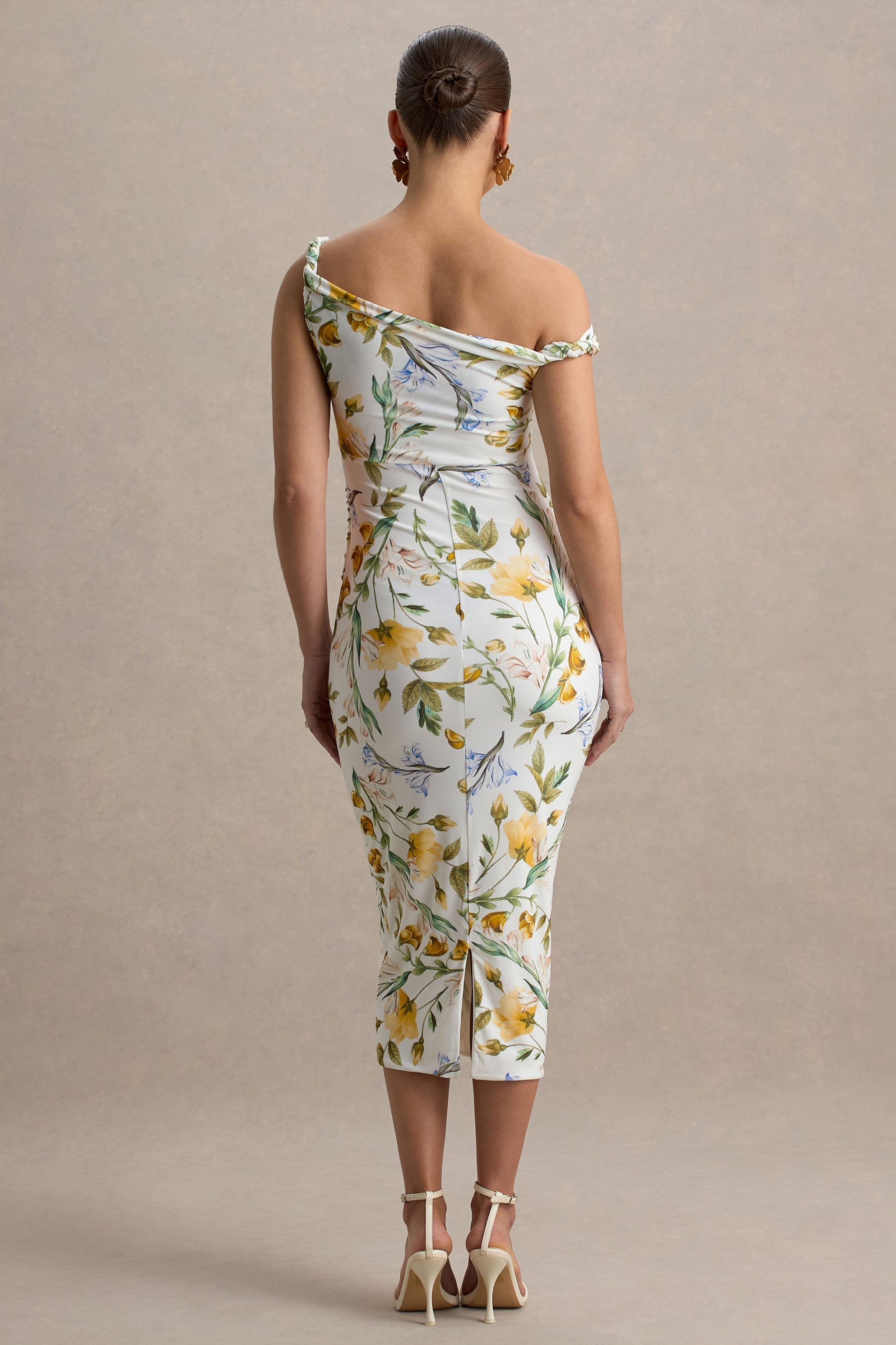 Salome | Lemon Floral Print Twisted Asymmetric Maternity Midi Dress