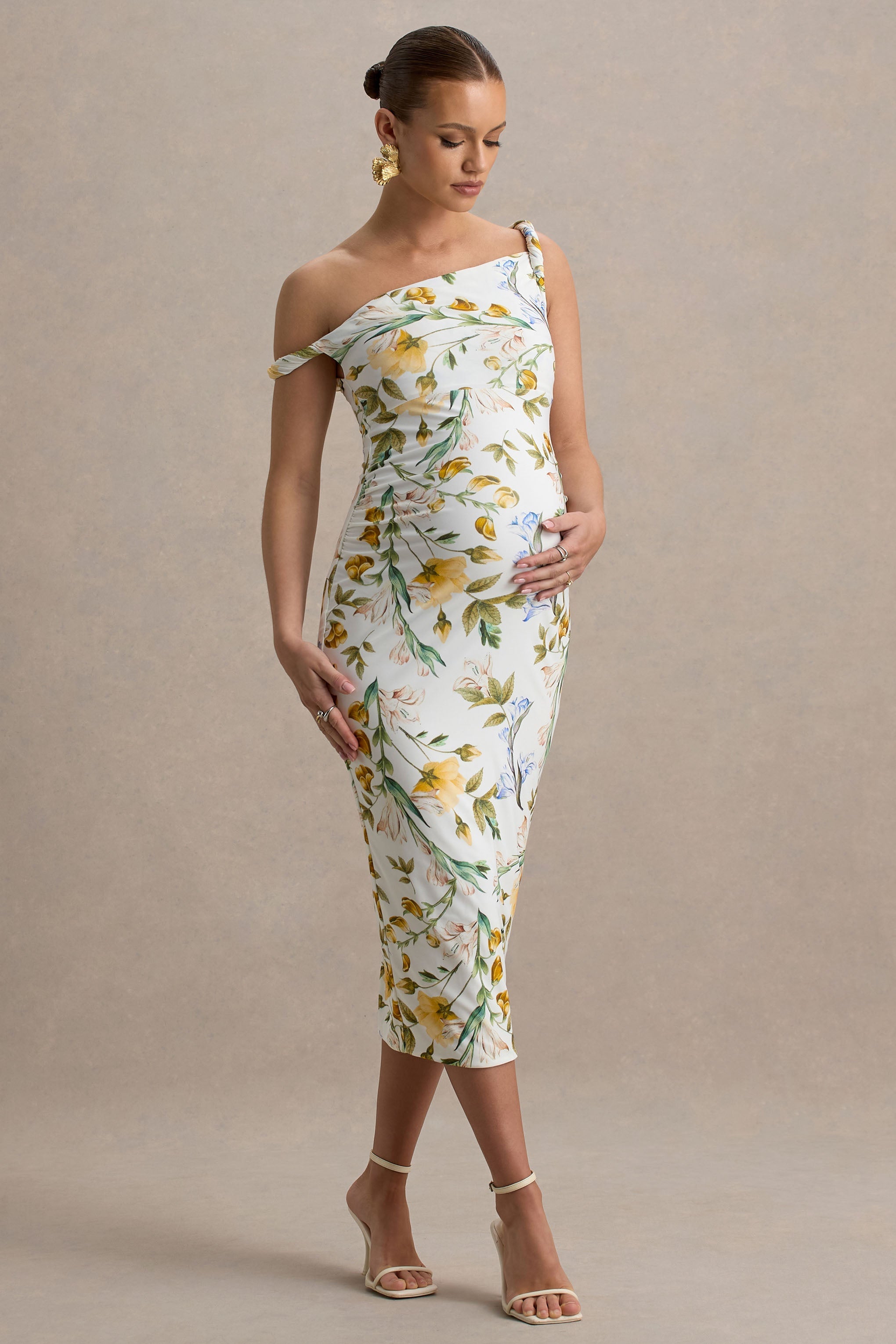 Salome | Lemon Floral Print Twisted Asymmetric Maternity Midi Dress