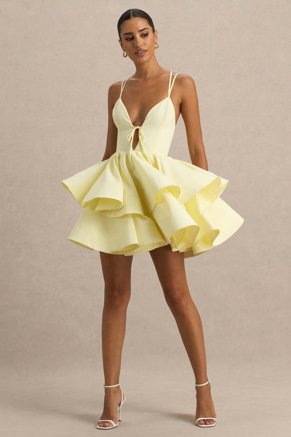 Flavia | Lemon Plunge-Neck Ruffled Skater Micro-Mini Dress
