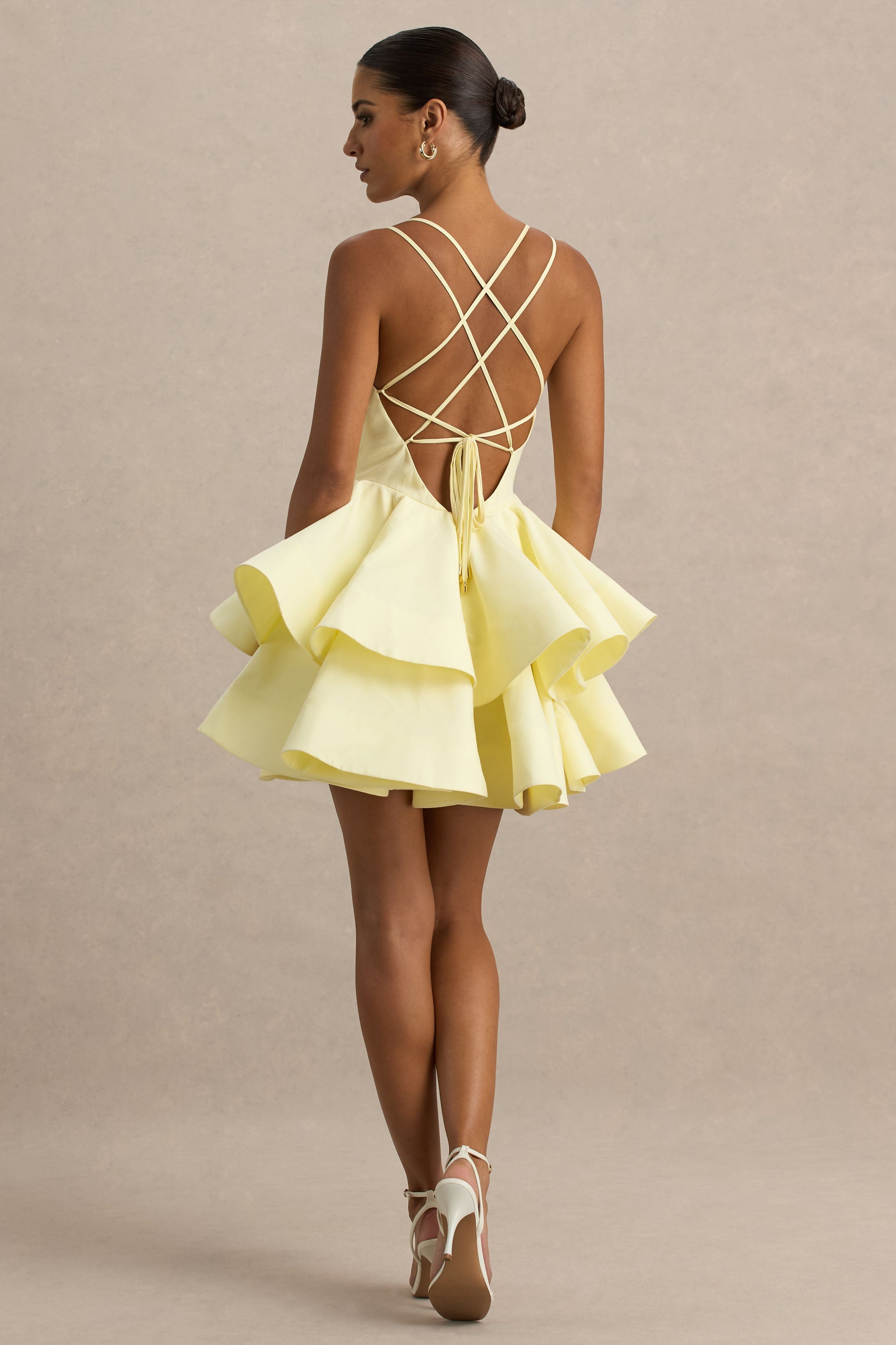 Flavia | Lemon Plunge-Neck Ruffled Skater Micro-Mini Dress