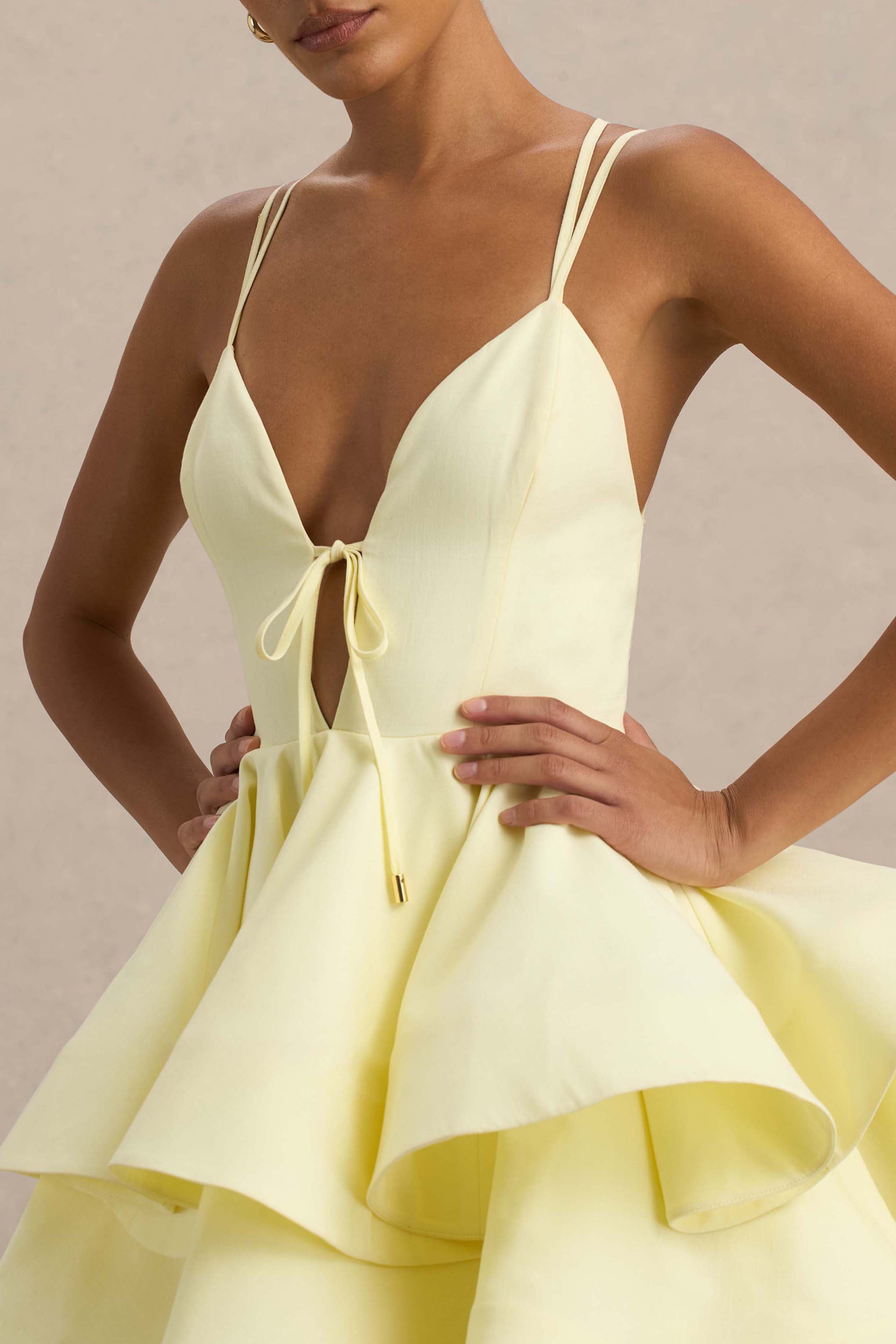 Flavia | Lemon Plunge-Neck Ruffled Skater Micro-Mini Dress