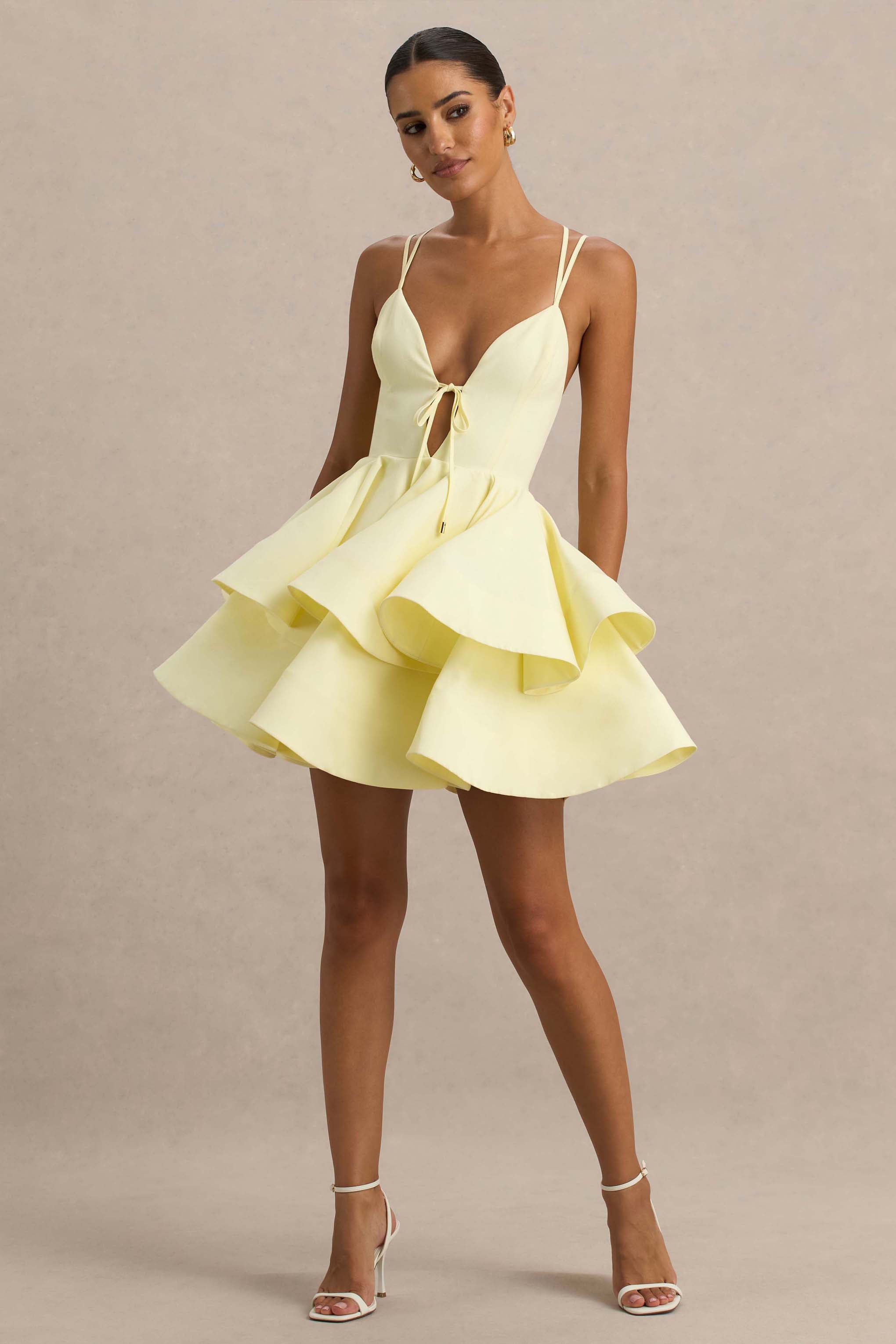 Flavia | Lemon Plunge-Neck Ruffled Skater Micro-Mini Dress