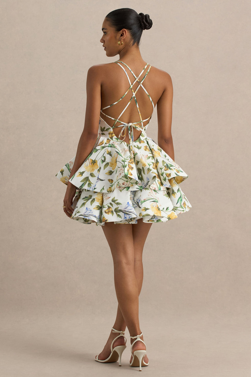 Flavia | Lemon Floral Print Plunge-Neck Ruffled Skater Micro-Mini Dress