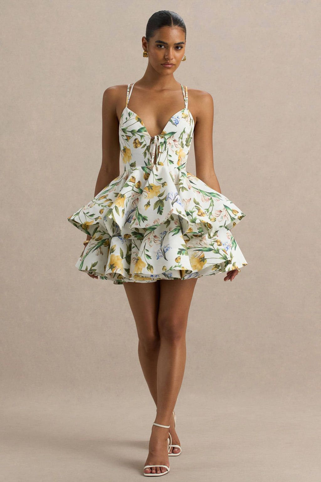 Flavia | Lemon Floral Print Plunge-Neck Ruffled Skater Micro-Mini Dress