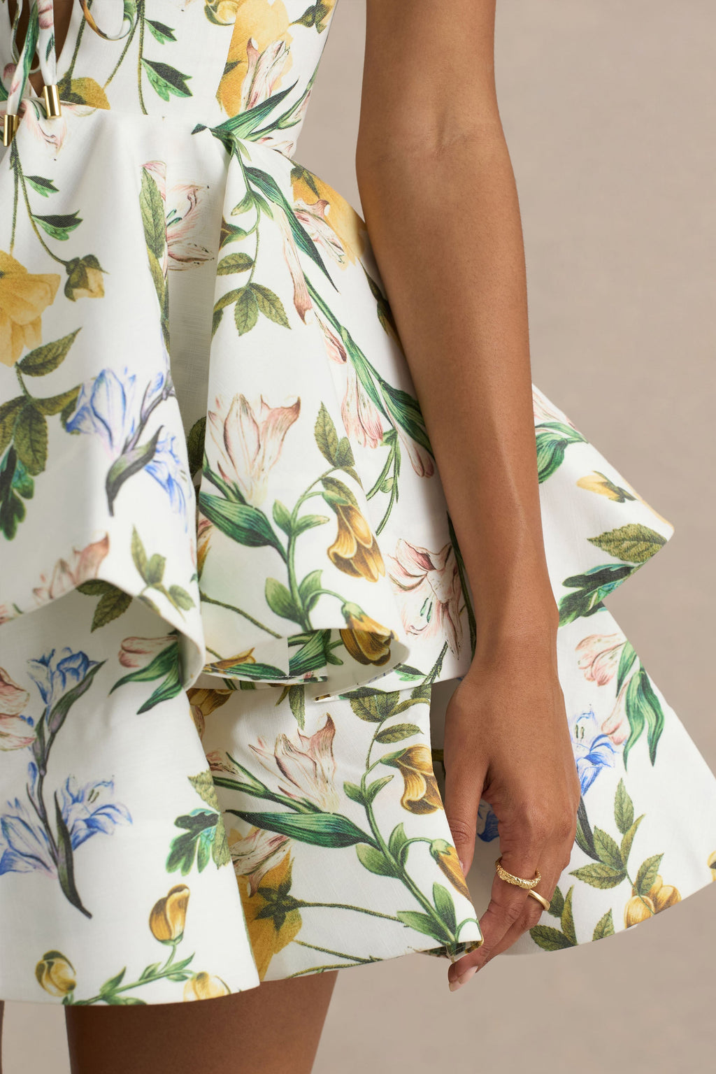 Flavia | Lemon Floral Print Plunge-Neck Ruffled Skater Micro-Mini Dress