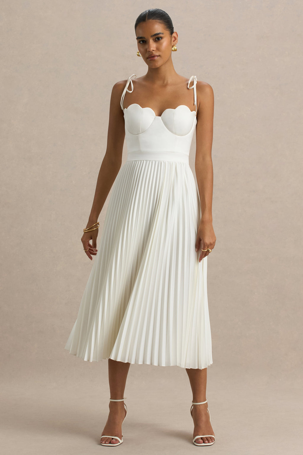 Agua | Cream Satin Sweetheart Midi Dress With Pleated Skirt