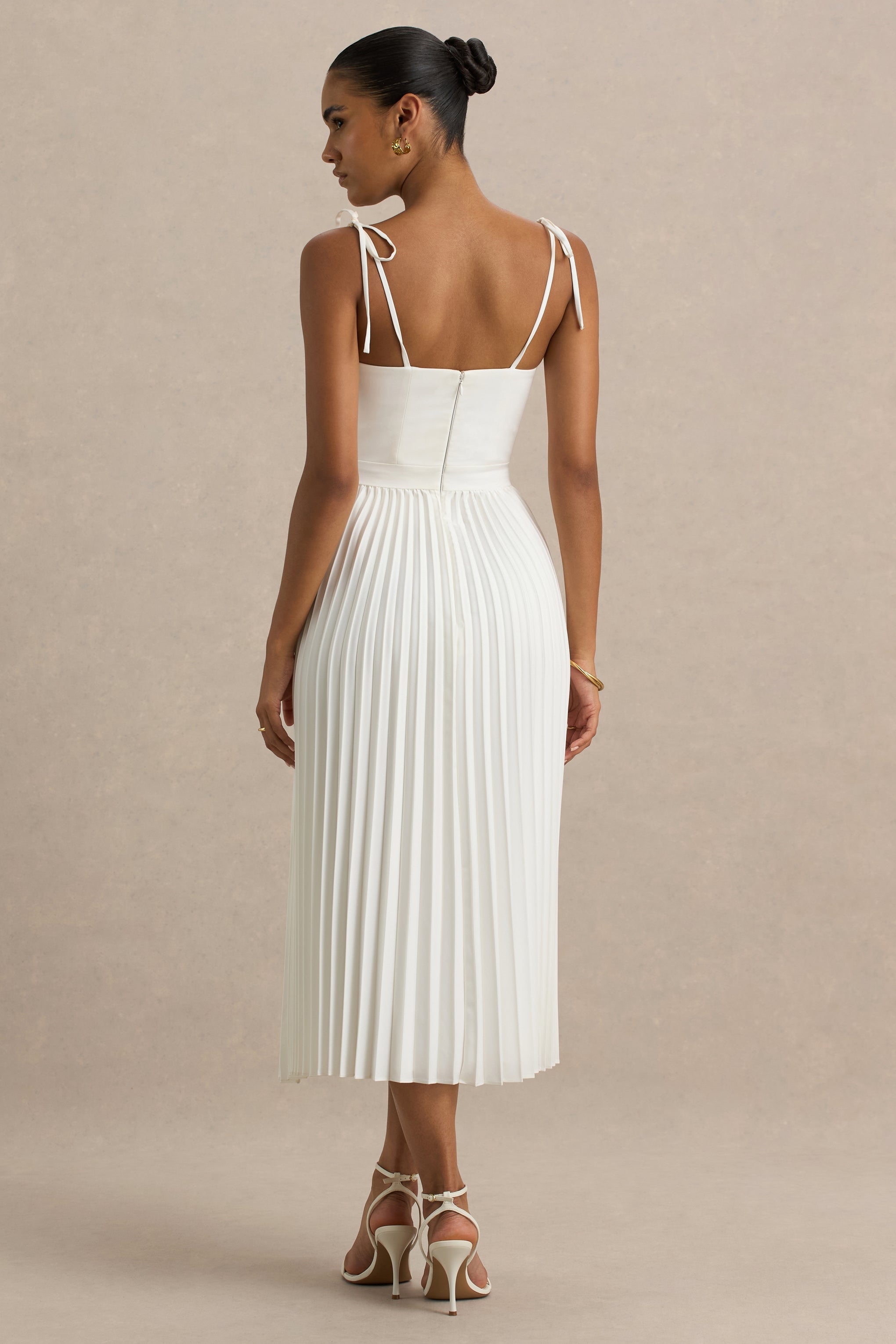 Agua | Cream Satin Sweetheart Midi Dress With Pleated Skirt