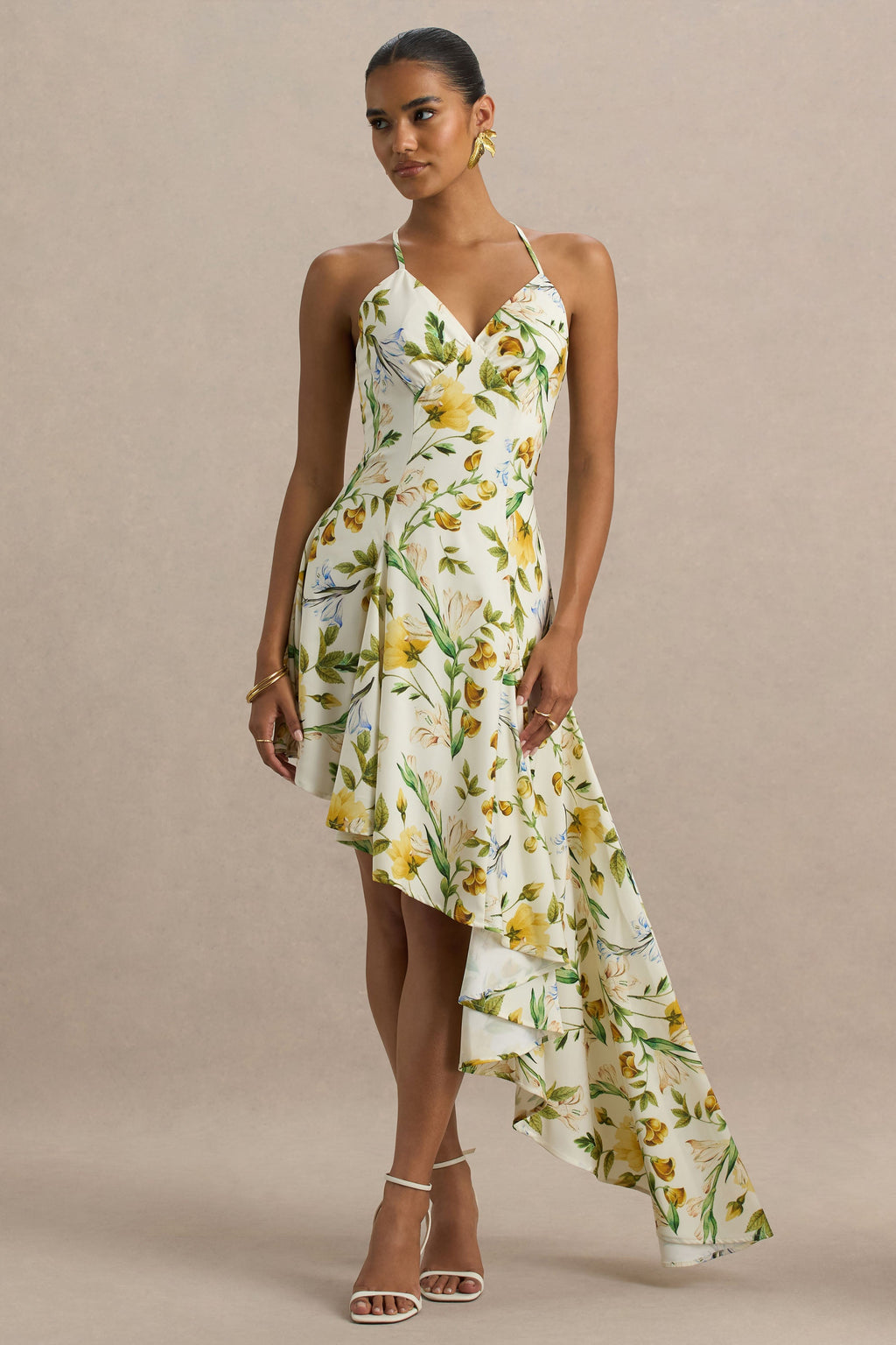 Glint | Lemon Floral Print Satin Plunge-Neck Maxi Dress With Asymmetric Hem
