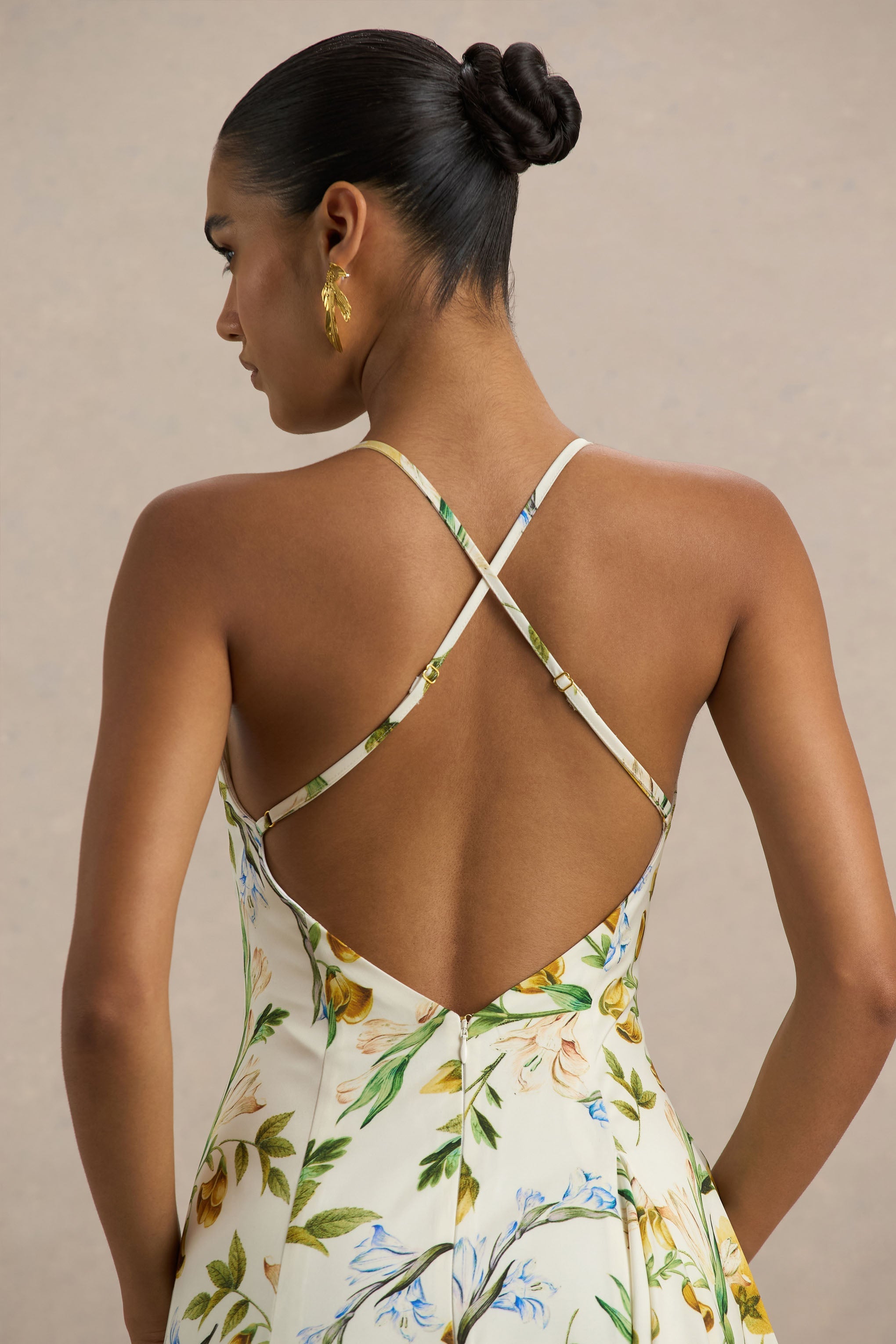 Glint | Lemon Floral Print Satin Plunge-Neck Maxi Dress With Asymmetric Hem