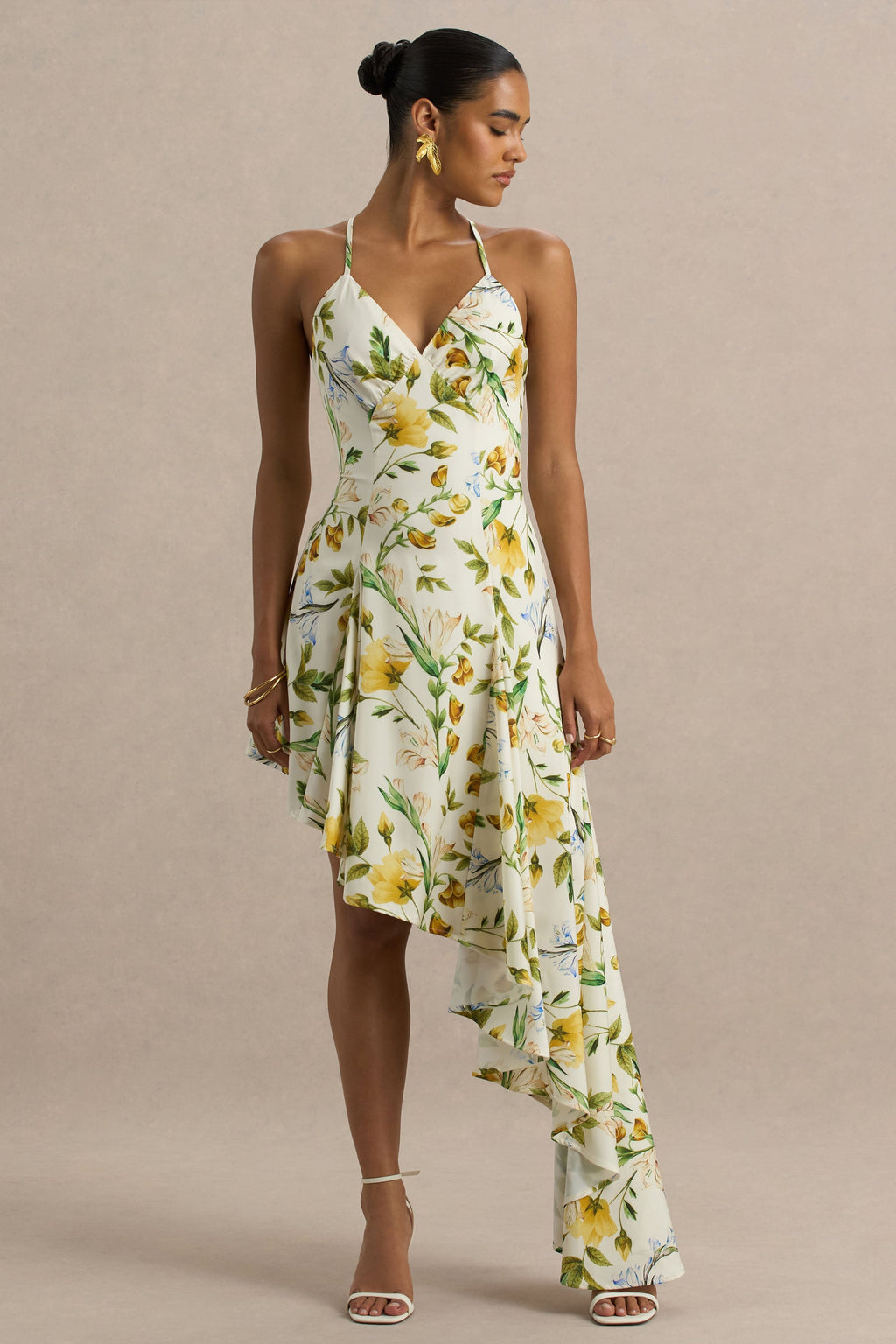 Glint | Lemon Floral Print Satin Plunge-Neck Maxi Dress With Asymmetric Hem
